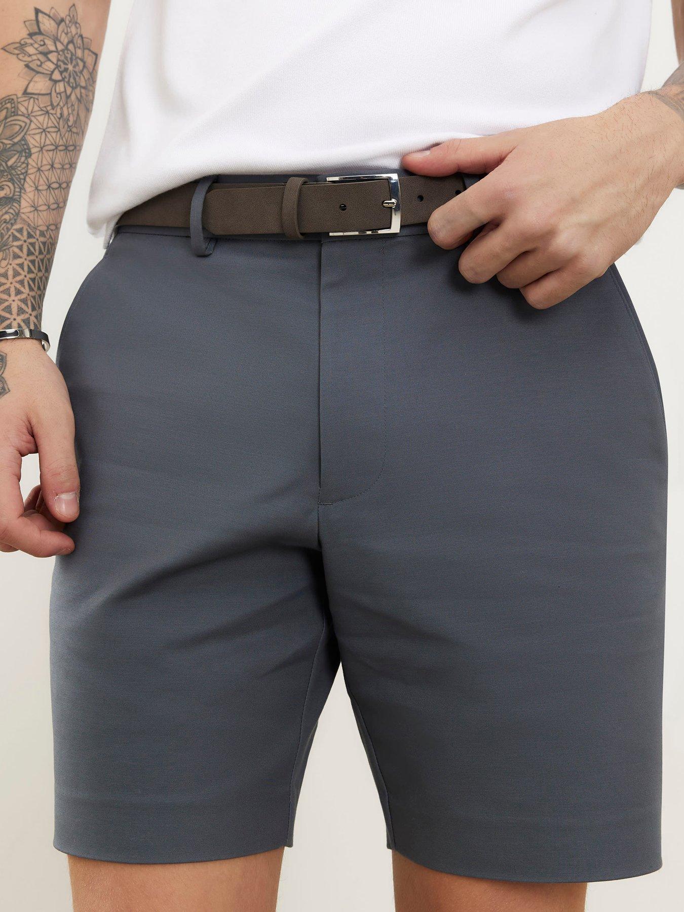 River Island Slim Fit Belted Chino Shorts, Grey, Size 28, Men