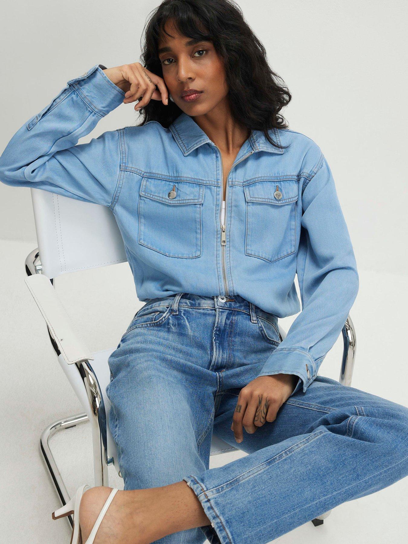River Island Denim Tencel Bubble Hem Bomber Jacket