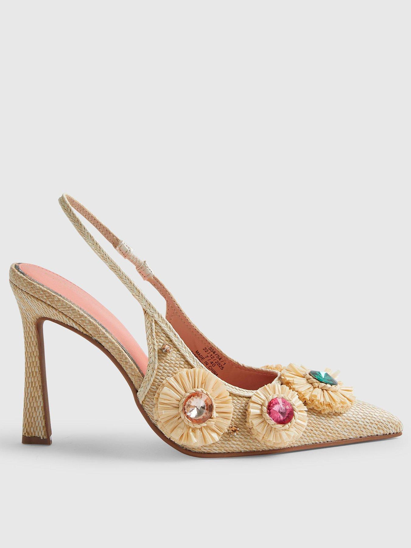River Island Embellished Raffia Flower Court Heels, Beige, Size 7, Women