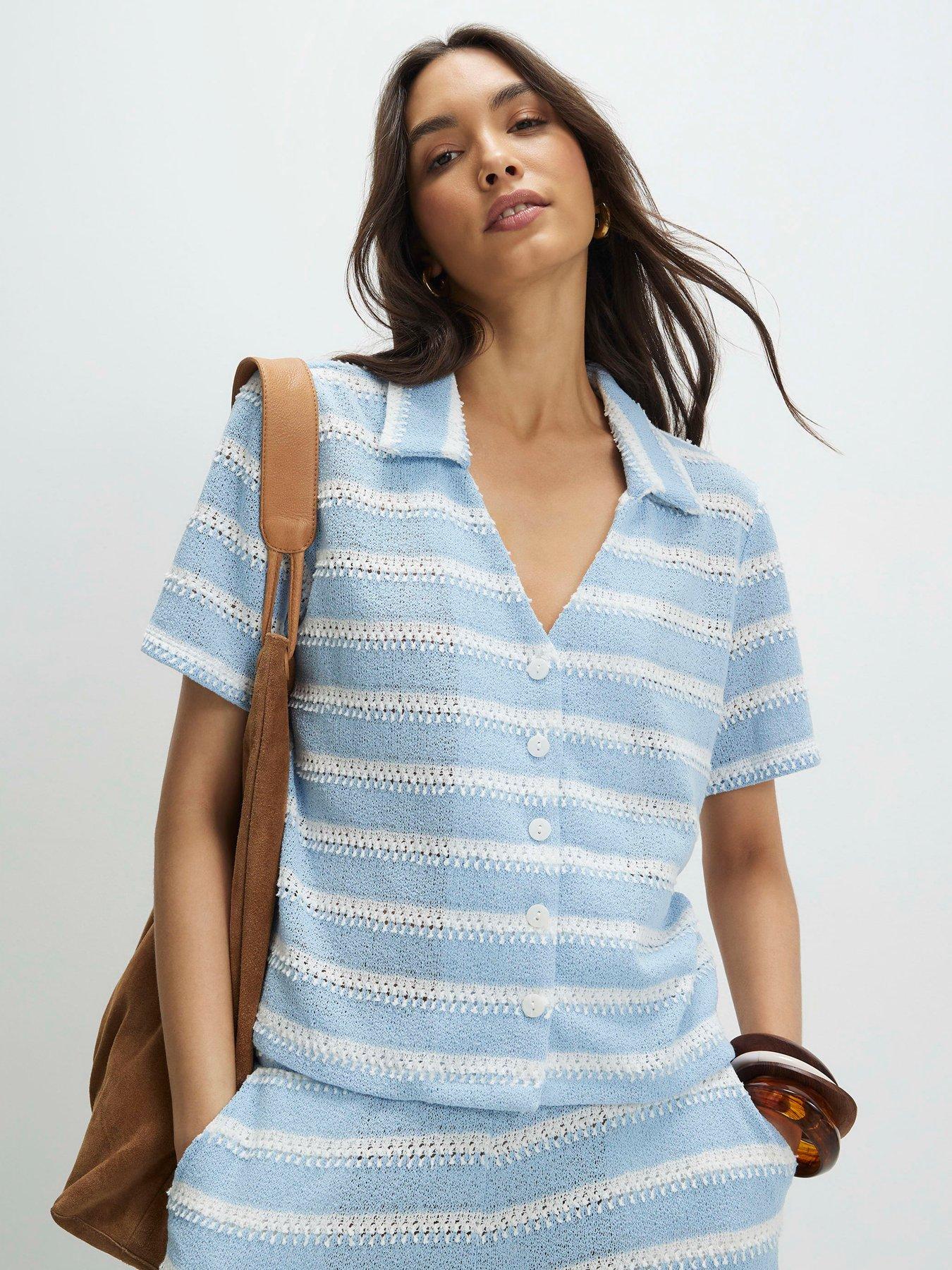 River Island Short Sleeve Striped Crochet Shirt