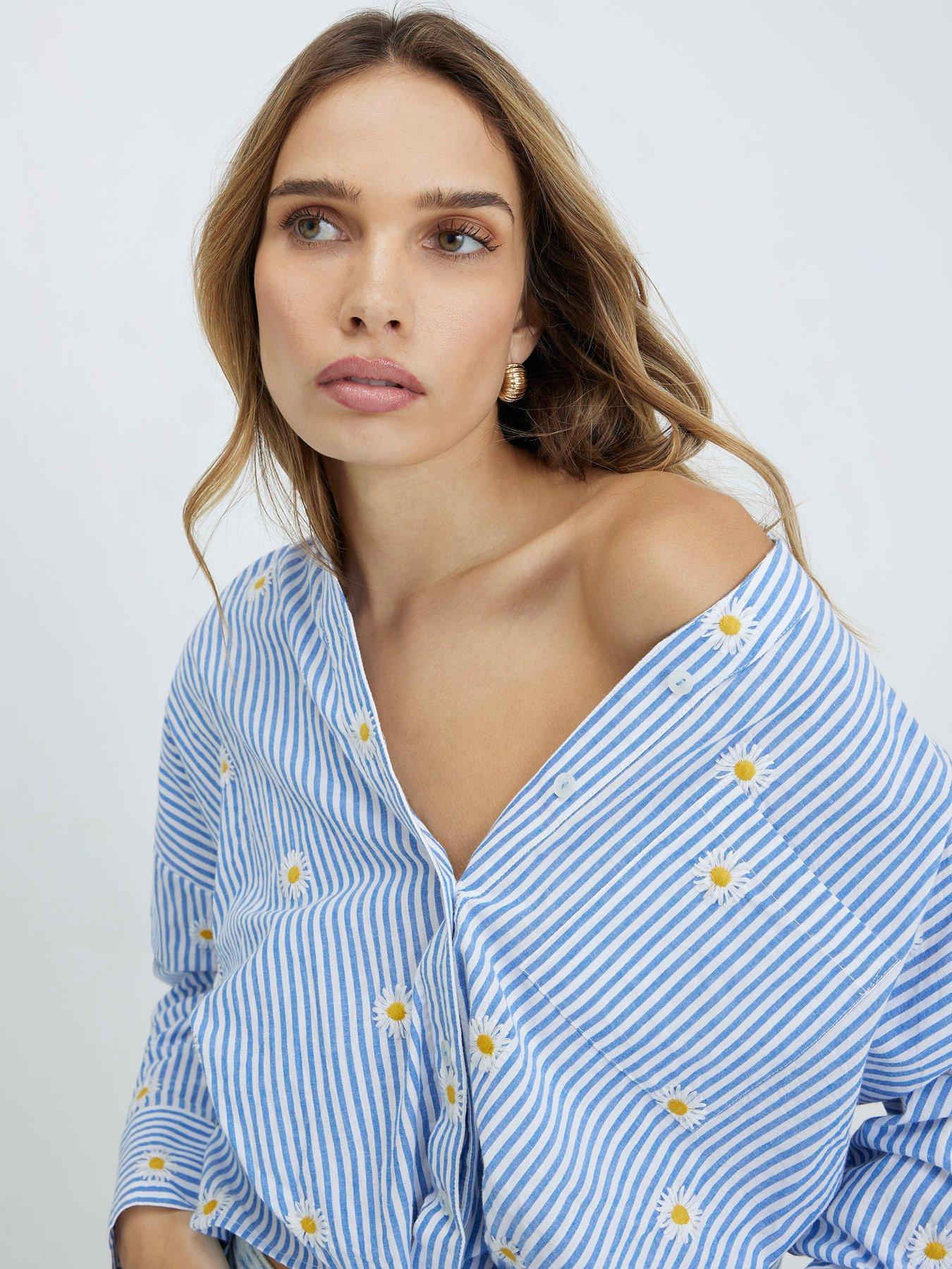 Image 4 of 4 of River Island Striped Daisy Embroidered Knot Shirt