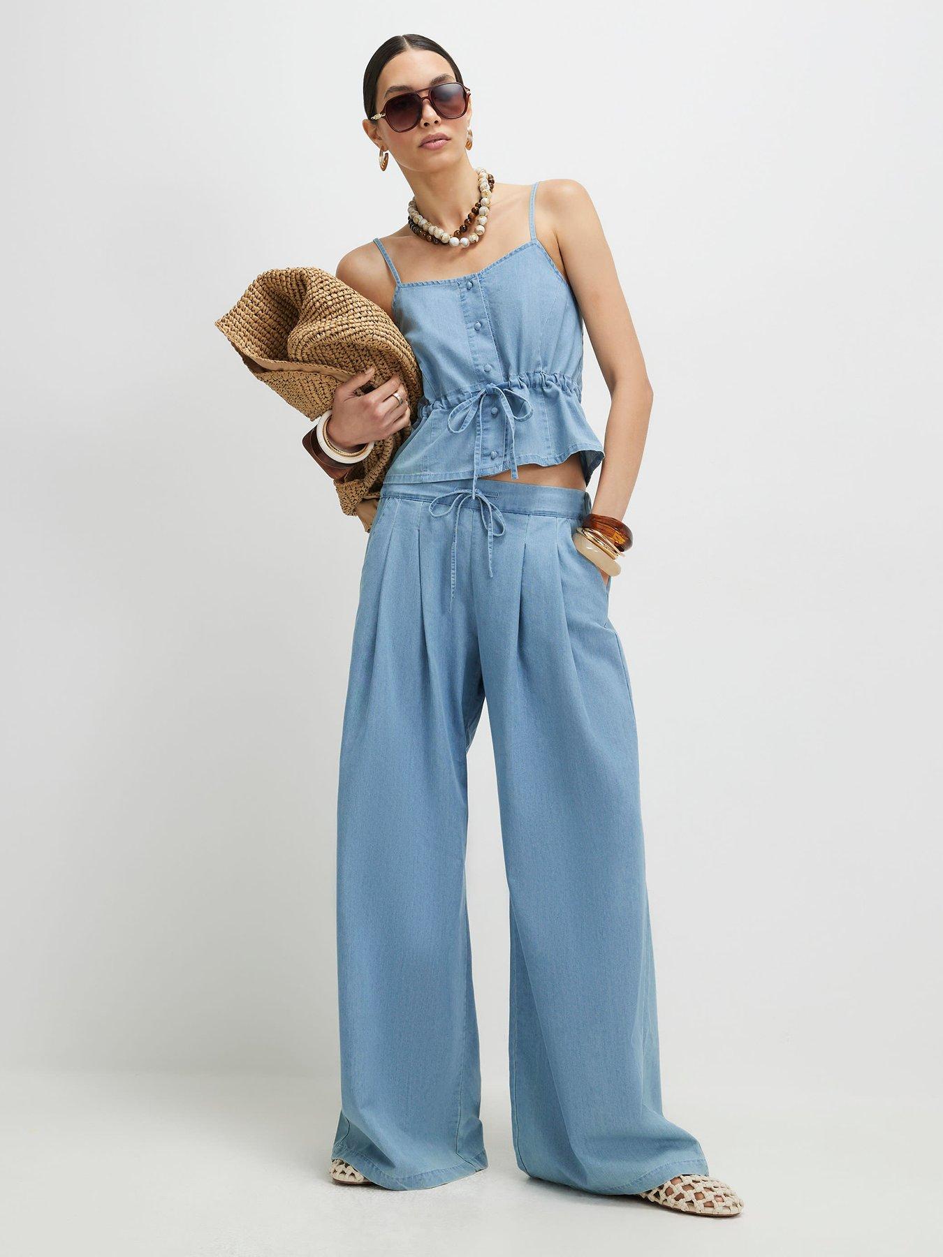 River Island Denim Look Drawstring Wide Leg Trousers