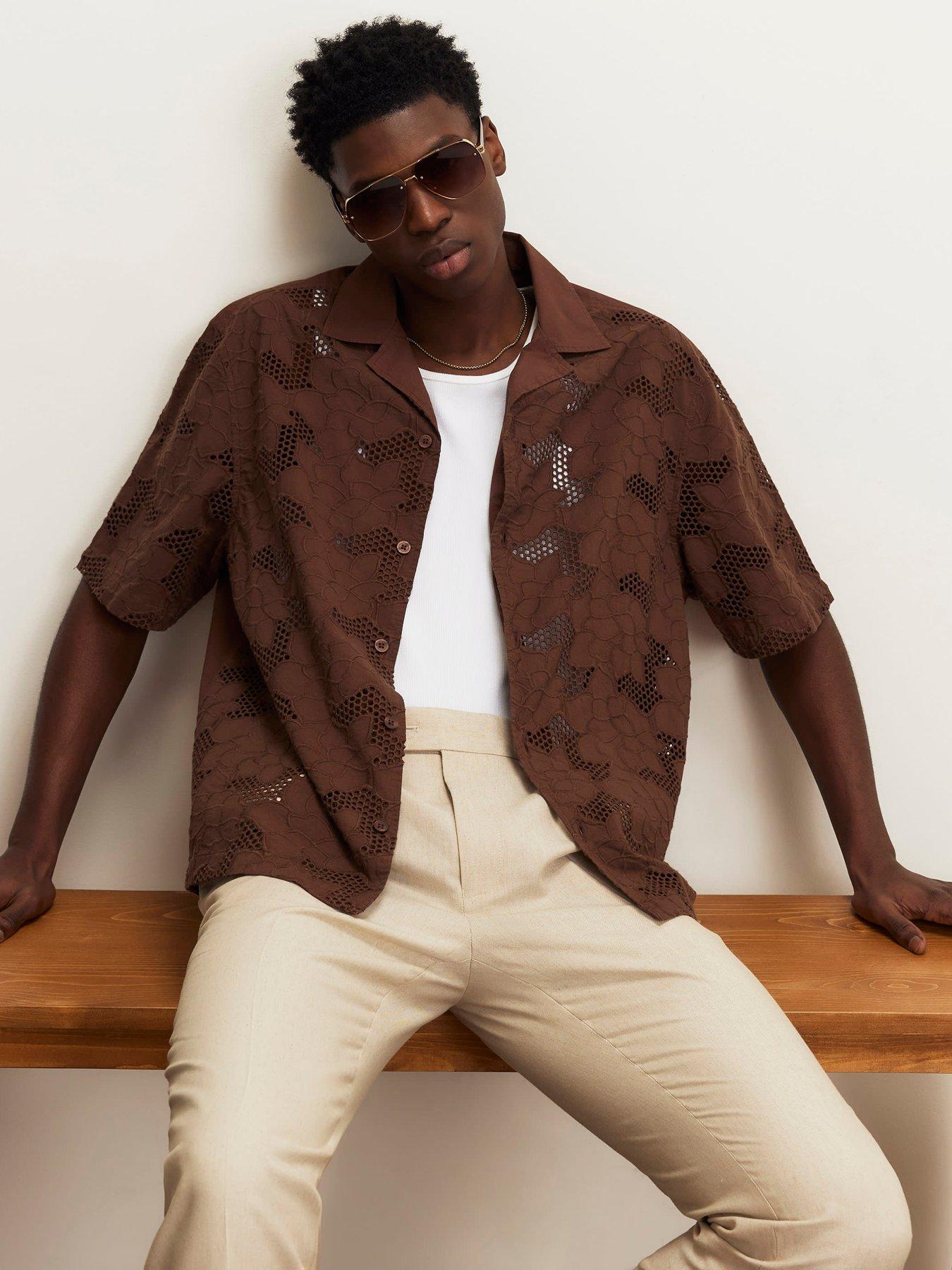 River Island Boxy Fit Lace Fabric Block Shirt - Brown