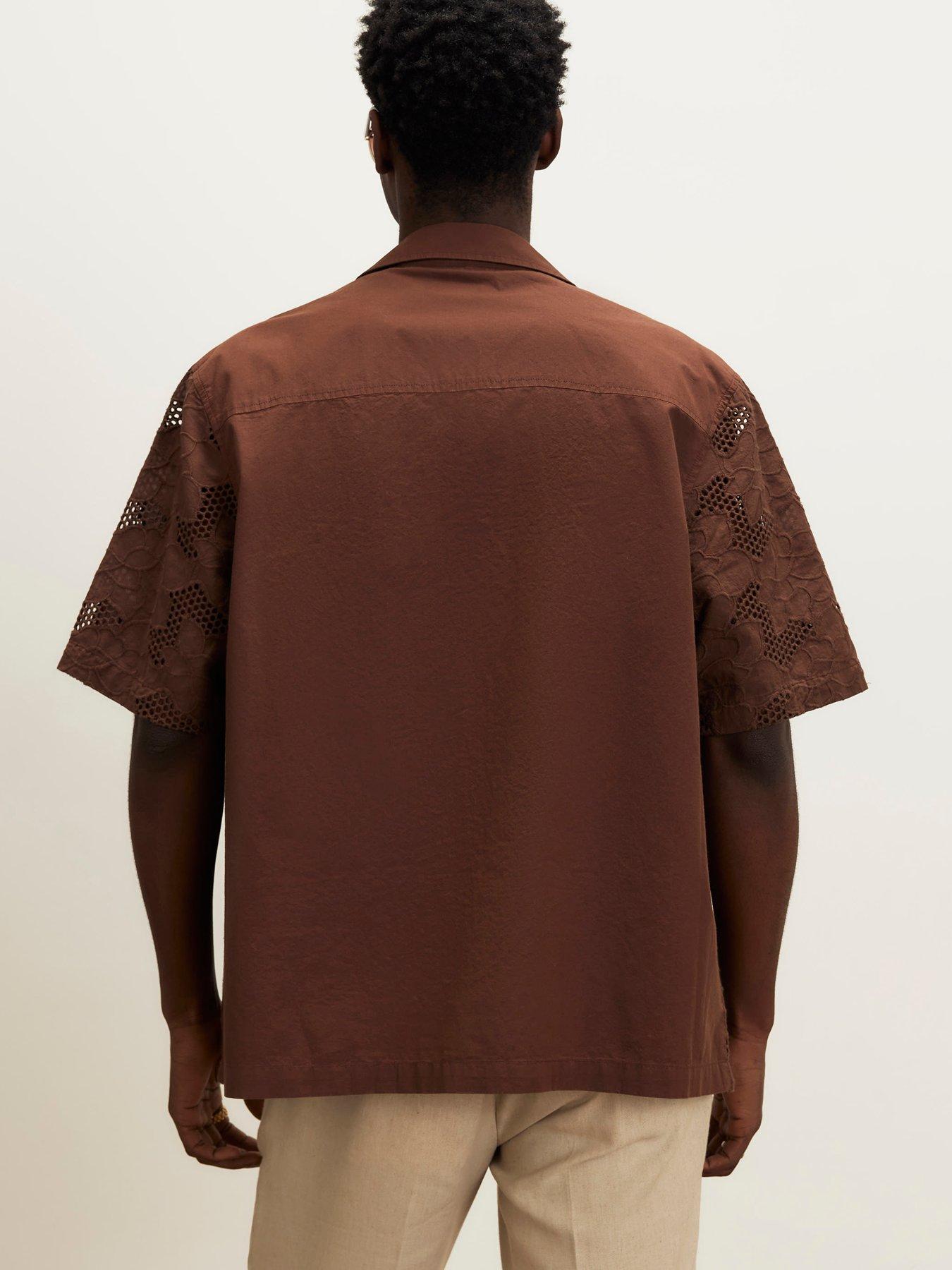Image 2 of 4 of River Island Boxy Fit Lace Fabric Block Shirt - Brown