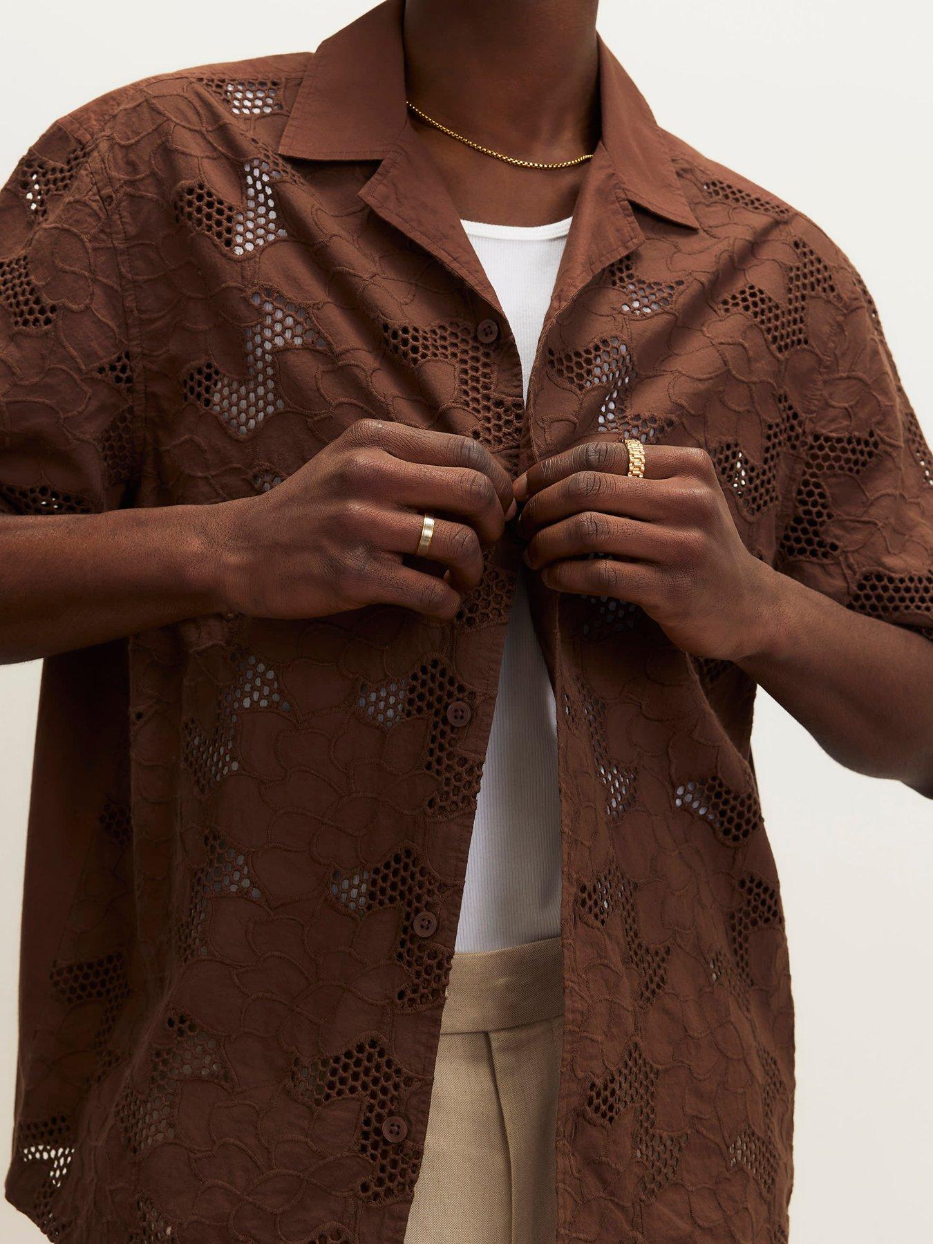 Image 4 of 4 of River Island Boxy Fit Lace Fabric Block Shirt - Brown