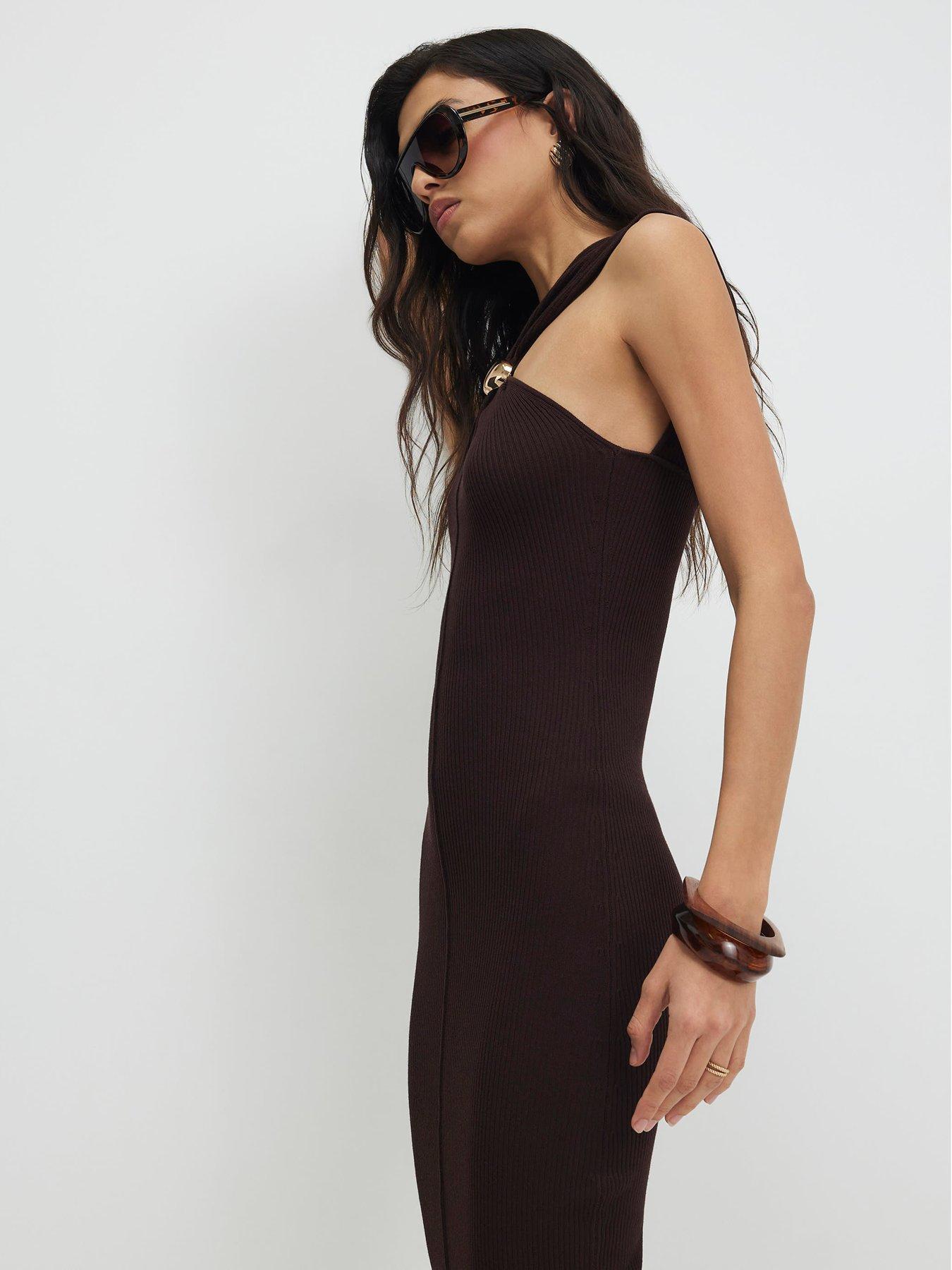 River Island Halter Neck Brooch Knitted Midi Dress - Brown | Very
