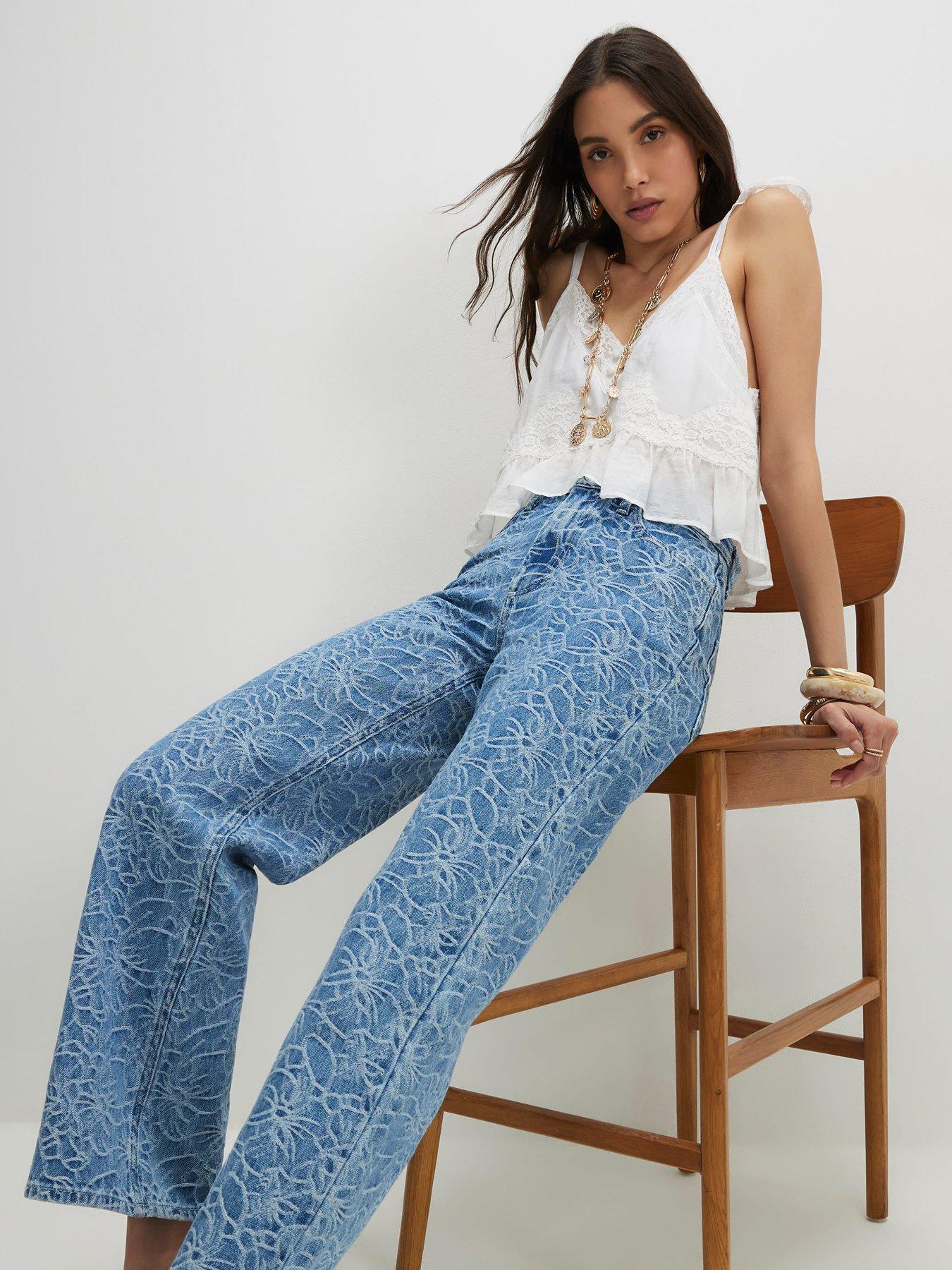 Image 3 of 4 of River Island Floral Print Relaxed Straight Jeans - Blue