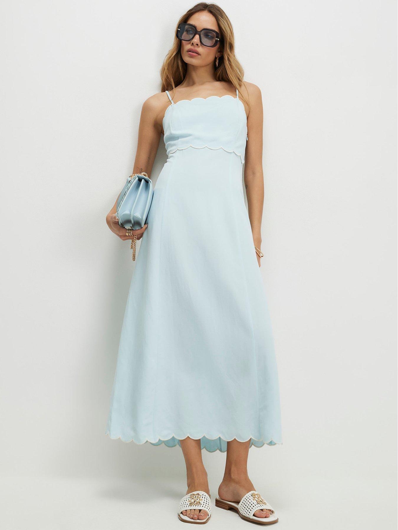 River Island Linen Blend Scallop Trim Midi Dress - Blue