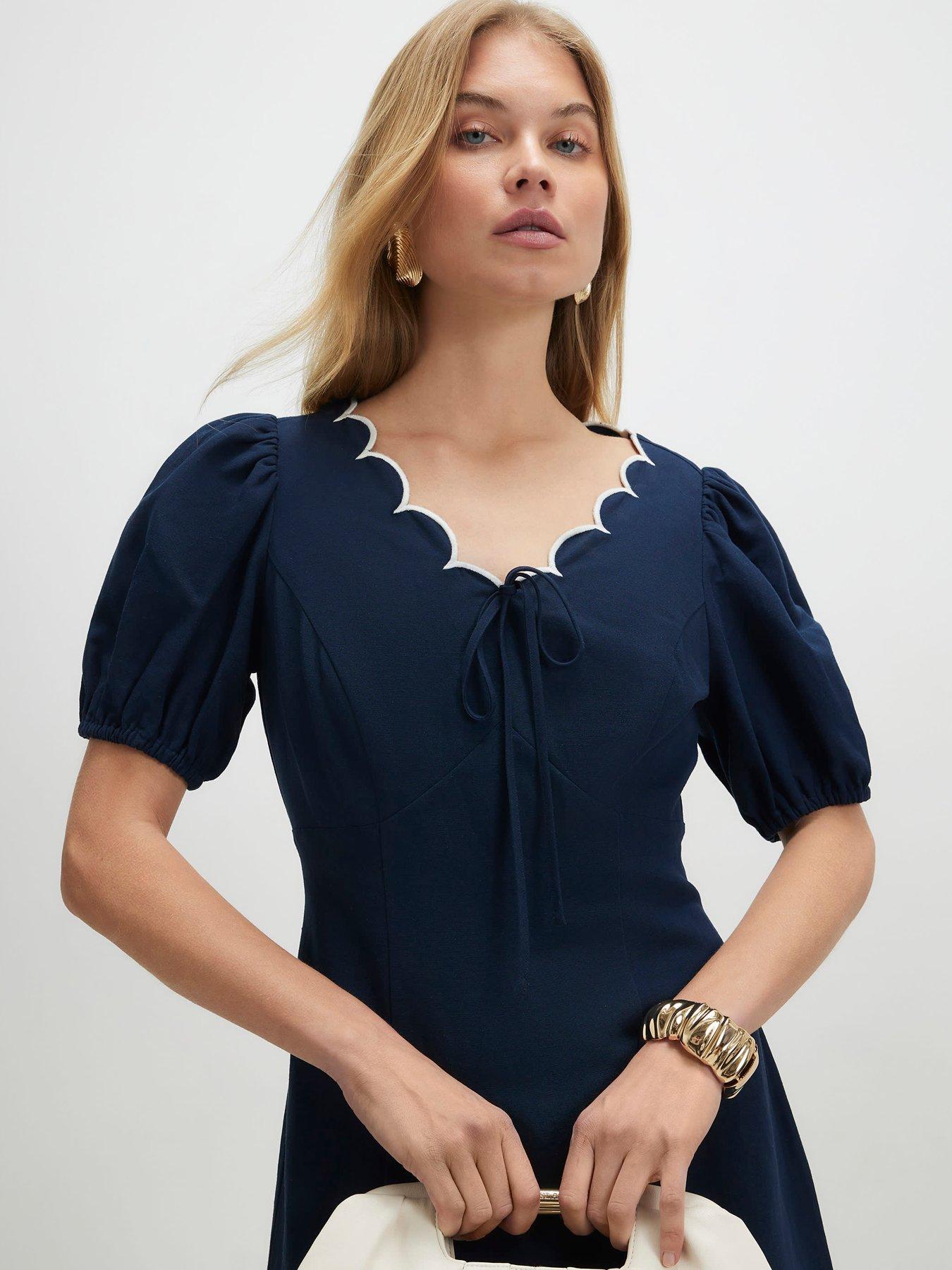 River Island Linen Blend Scallop Trim V Neck Dress - Blue | Very