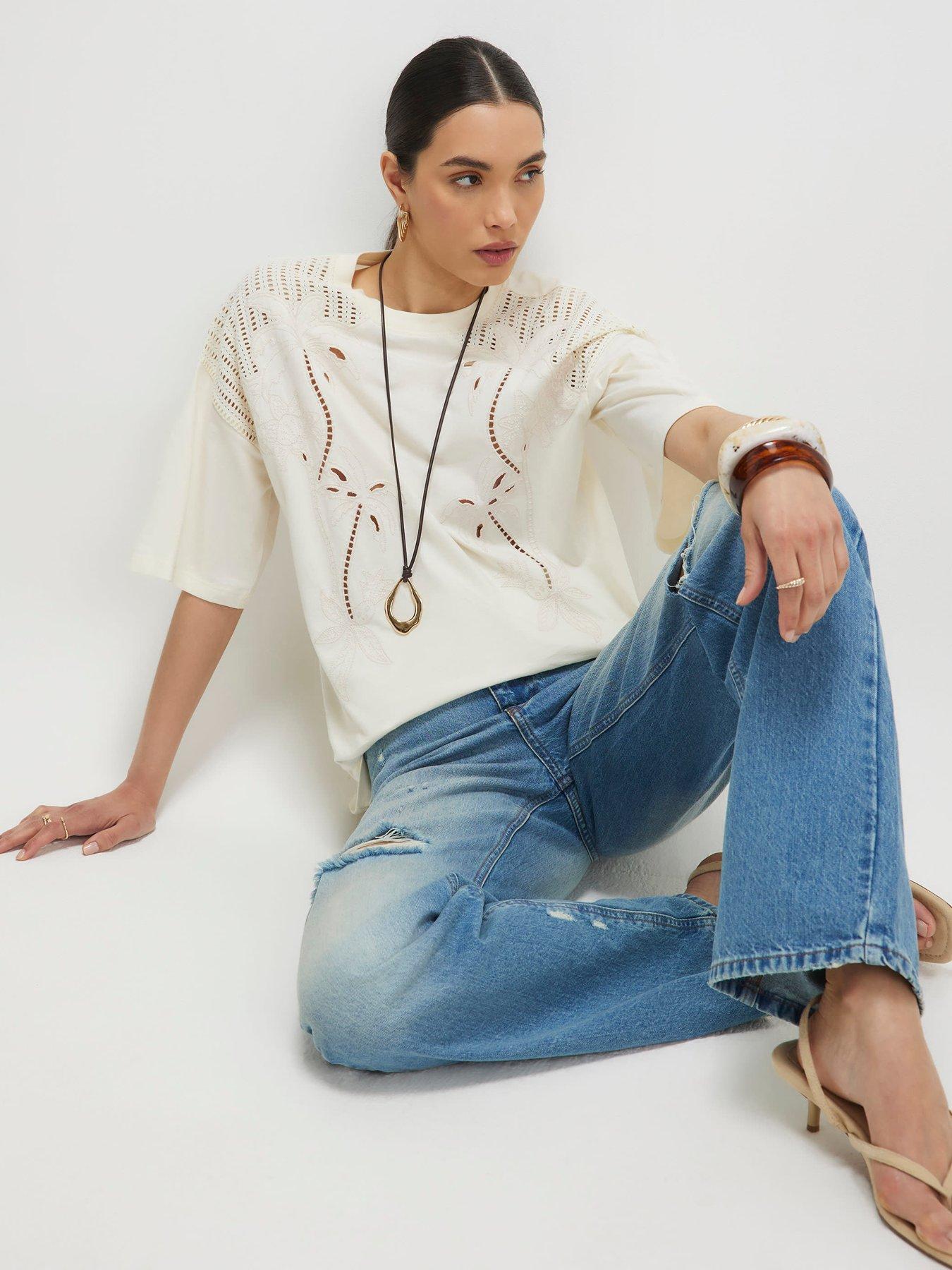River Island Short Sleeve Palm Broderie T-shirt - Cream