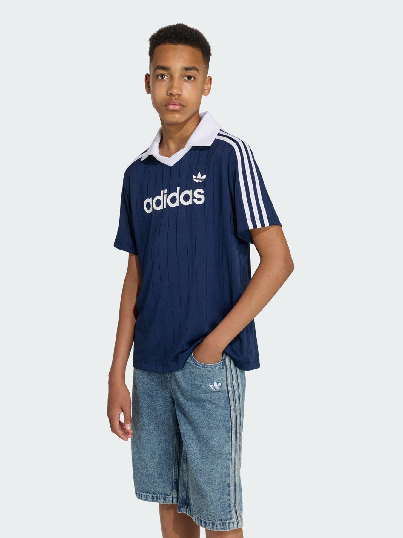 adidas Originals Loose Pinstripe Polo Tee, Blue, Size 7-8 Years