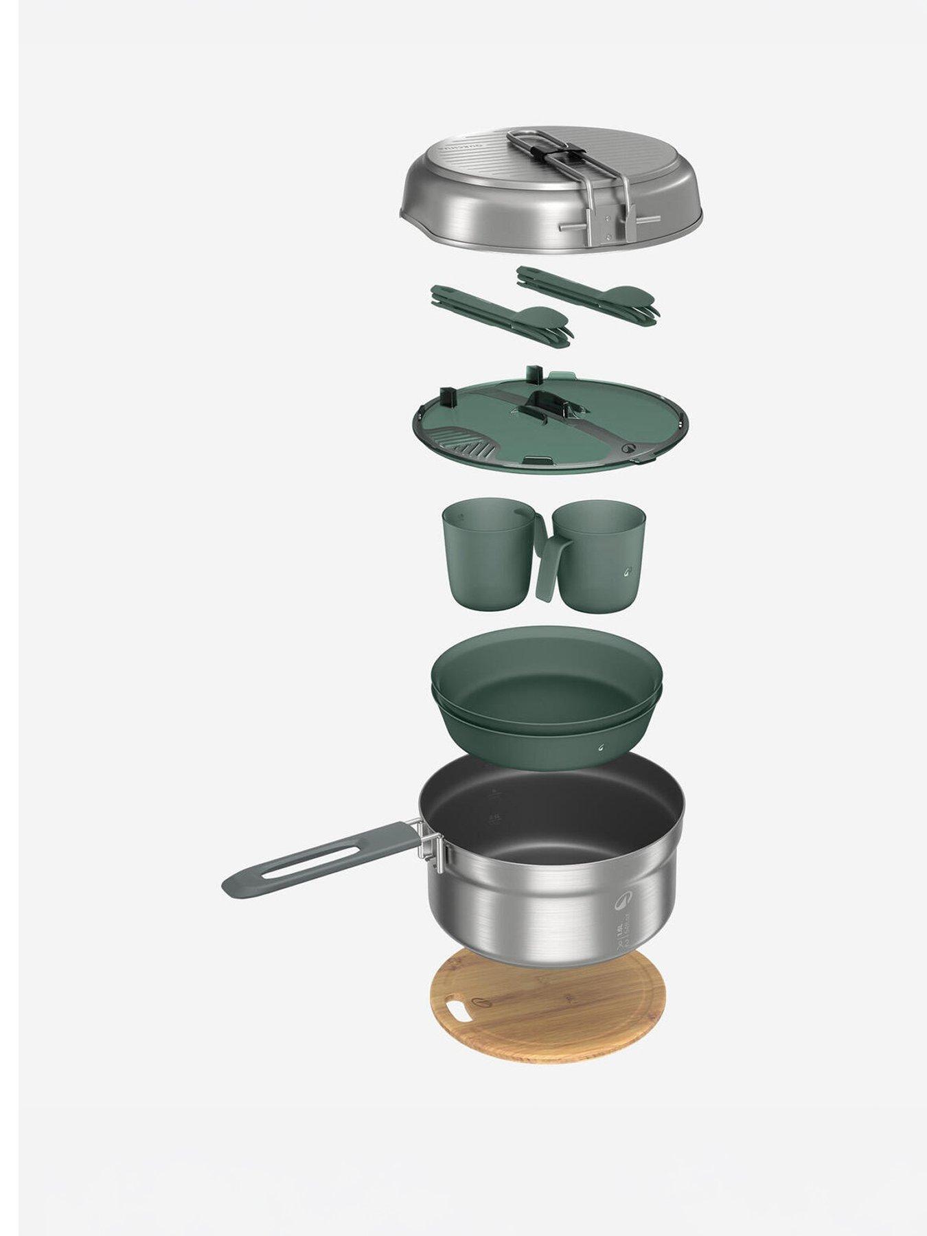 Decathlon Stainless steel, non-stick camping cookset 500 for 2 people - 15-piece