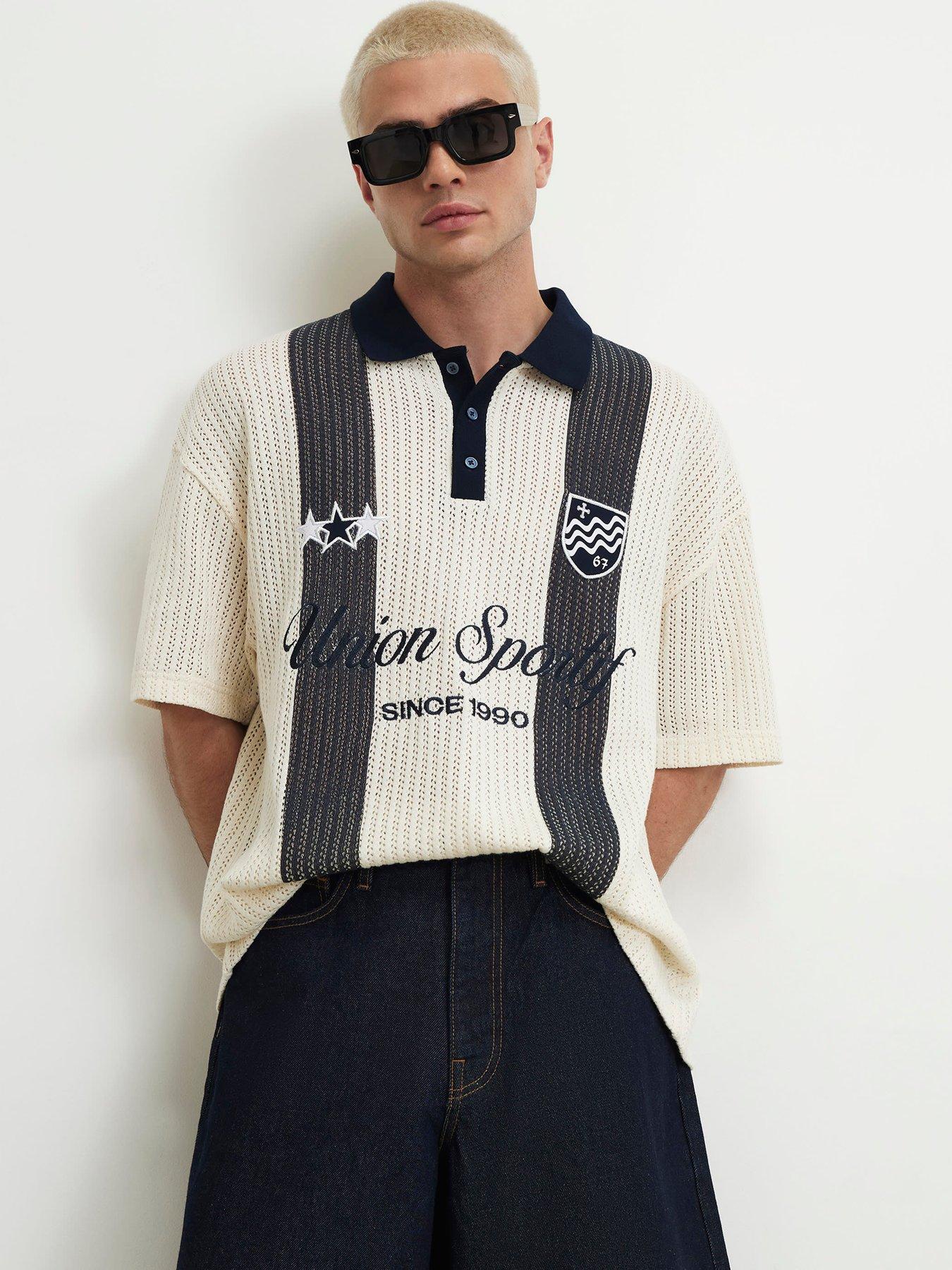 River Island Oversized Fit Stripe Crochet Polo Shirt - Cream