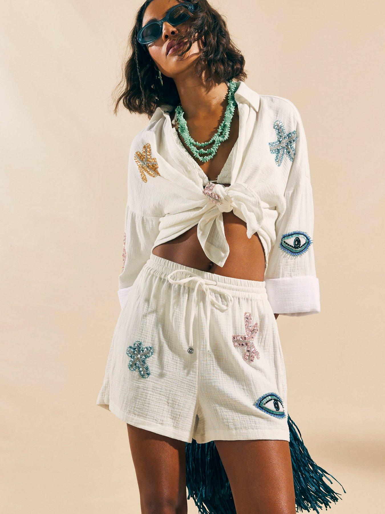 River Island Embellished Beach Shorts - White