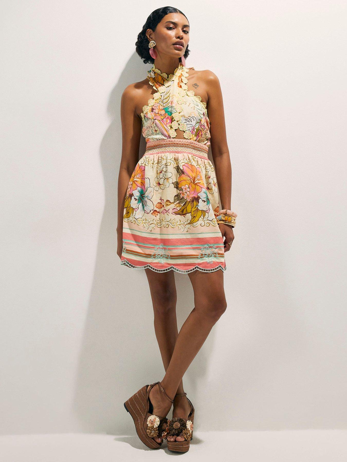 River Island Floral Halter Neck Crochet Mini Dress - Pink