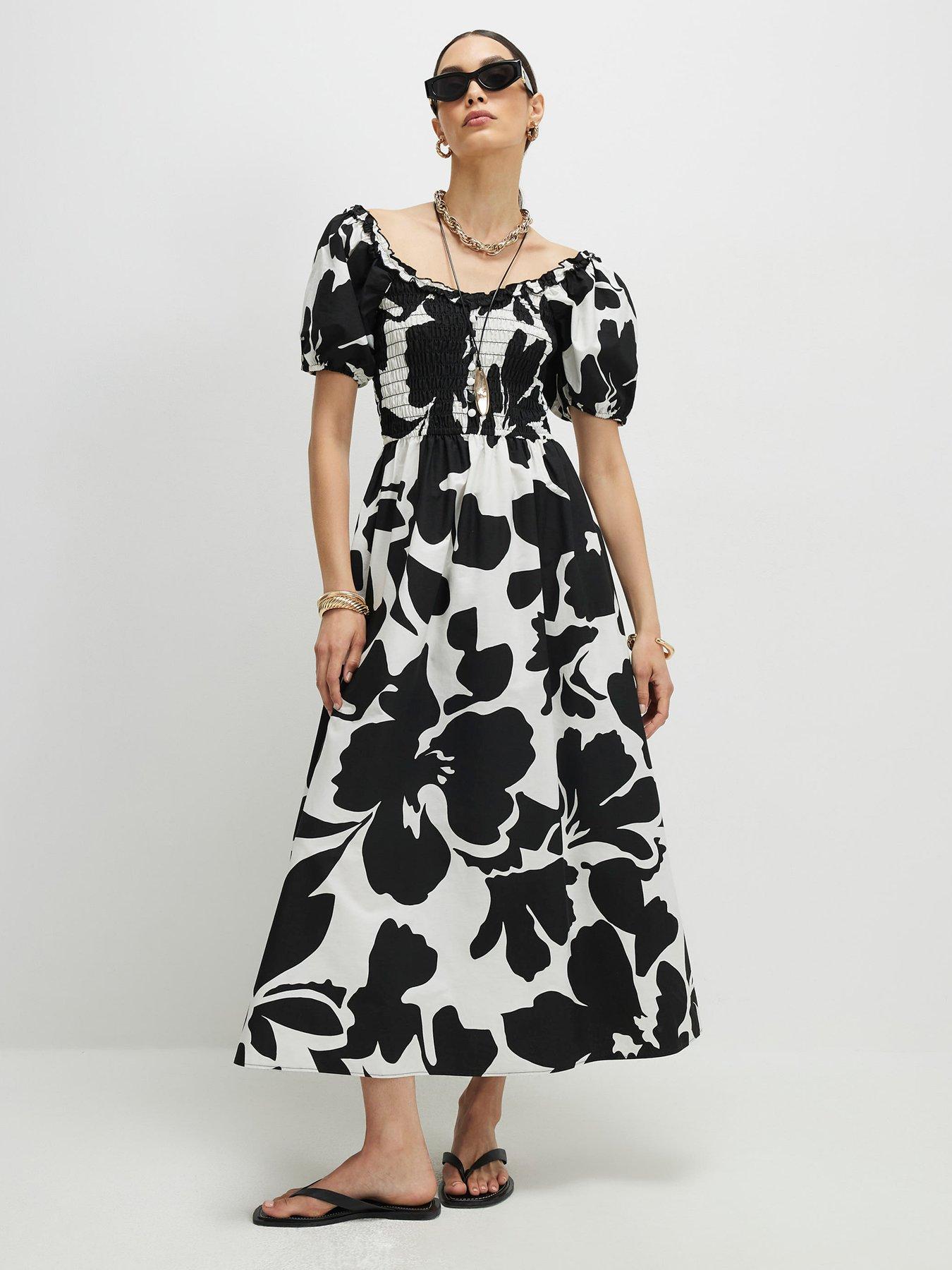 River Island Monochrome Floral Shirred Midi Dress - Black/White