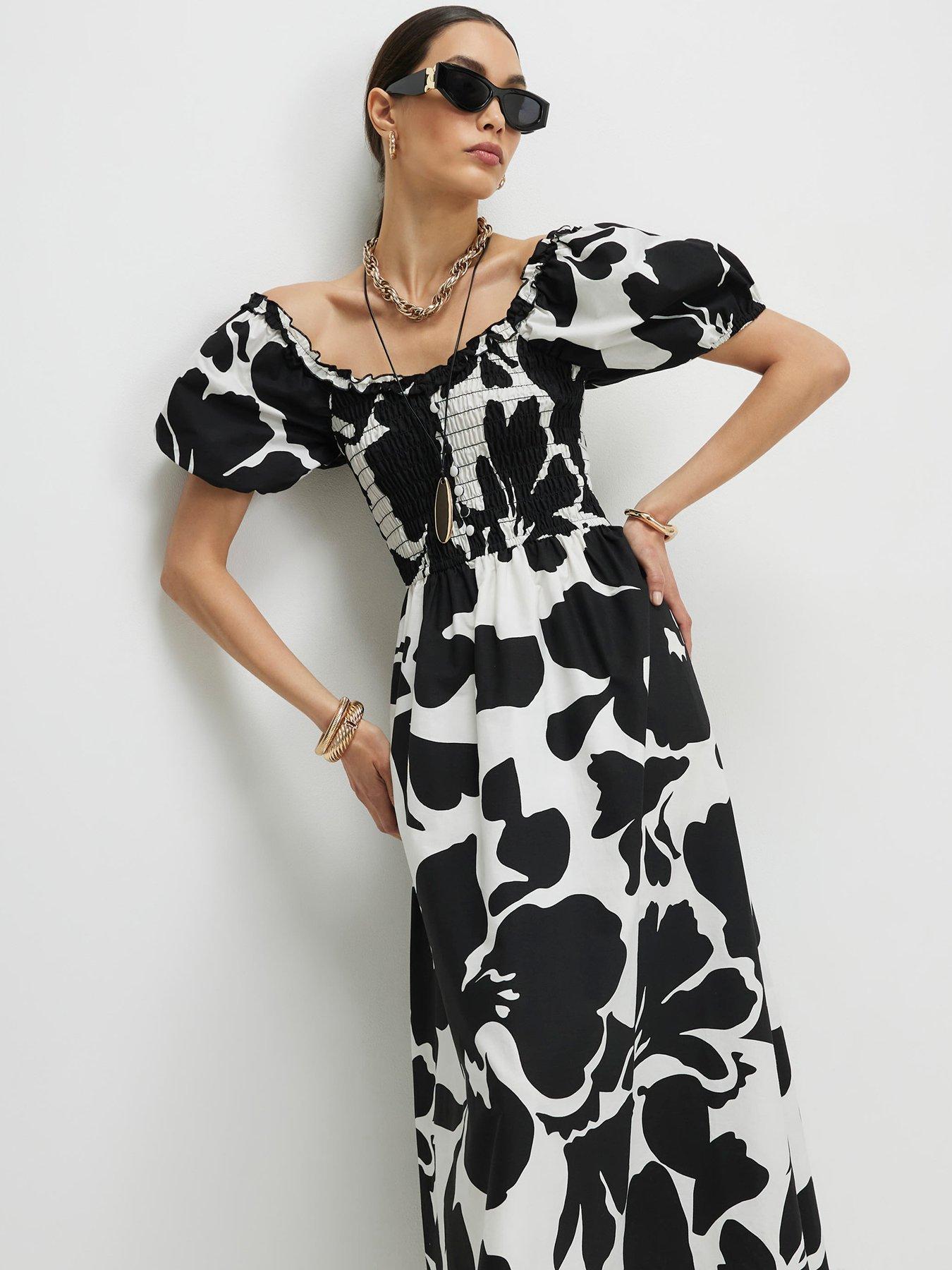 river island black floral midi dress River Island Monochrome Floral Shirred Midi Dress - Black/White