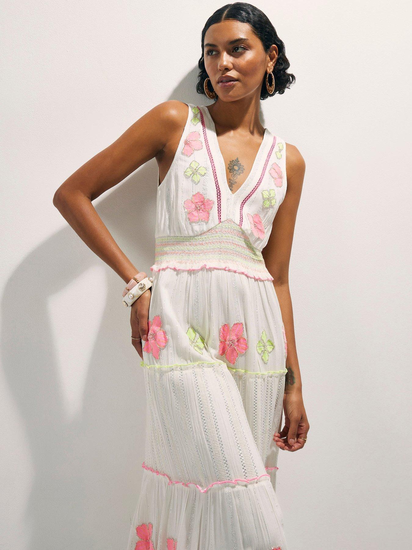 floral maxi dress river island River Island Dress Womens 10, Multicolor Floral Beaded Ruffle Maxi Boho V  Neck