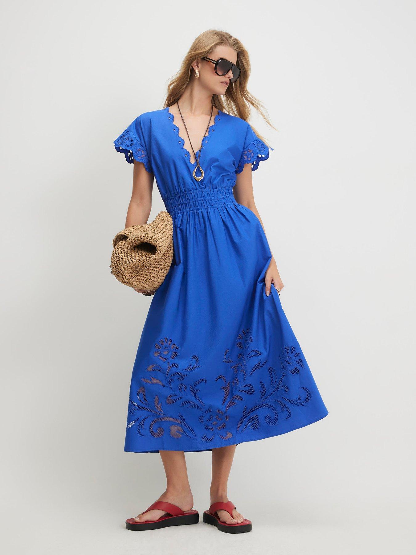 River Island Cotton Embroidered Midi Dress, Blue, Size M, Women