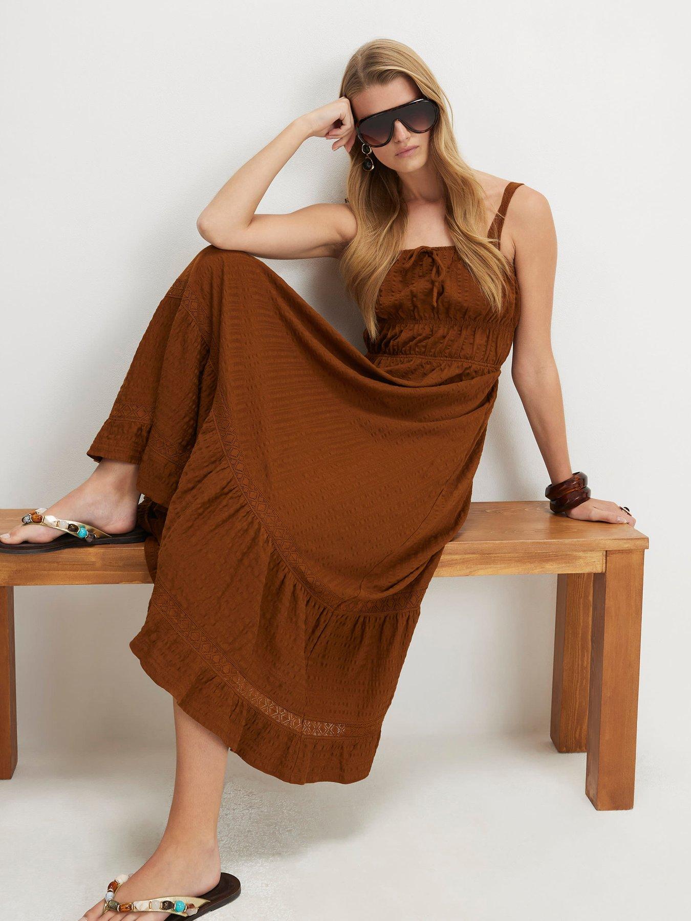 River Island Cotton Pleated Macrame Maxi Dress