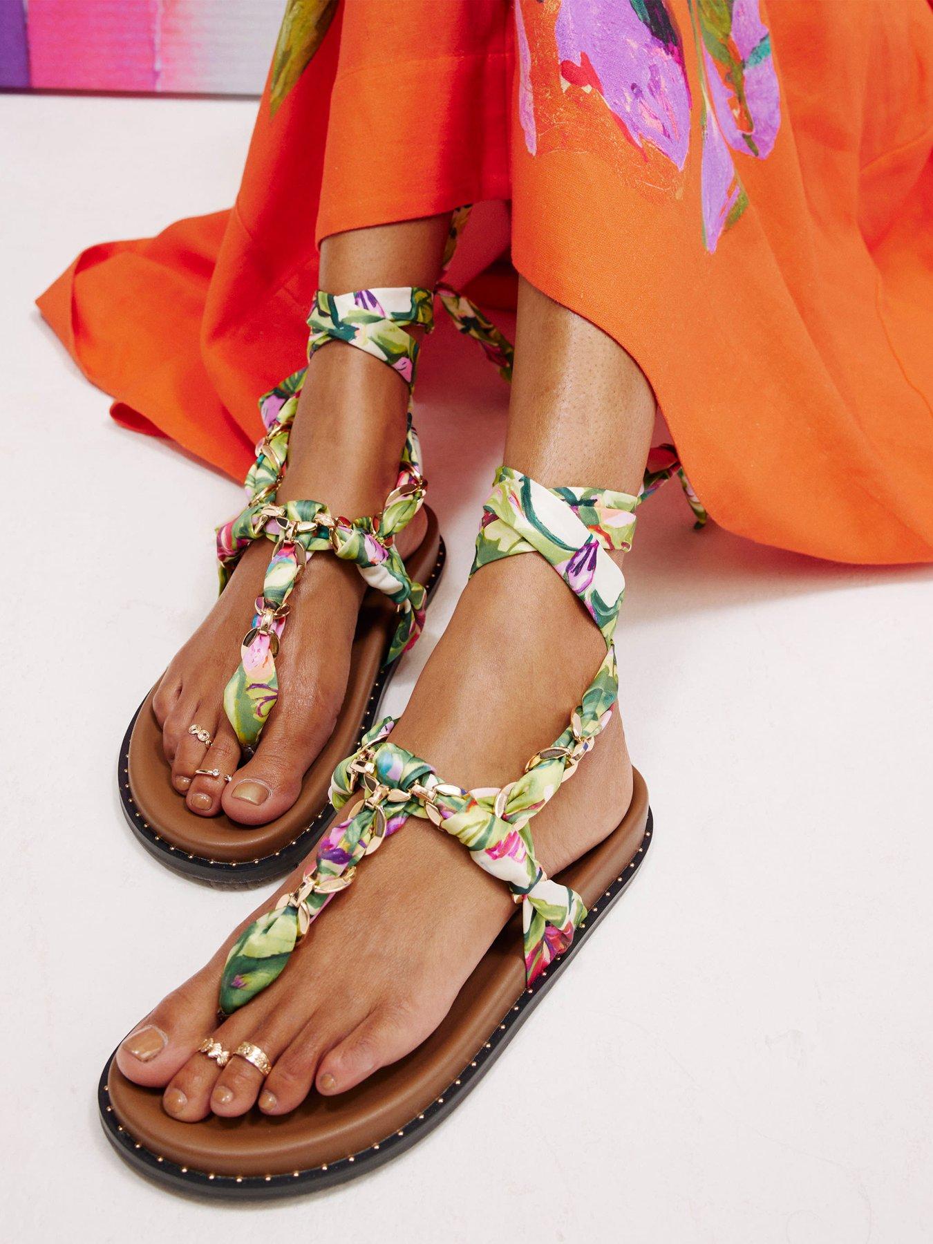 River Island Chain Detail Scarf Tie Footbed Sandals - Green