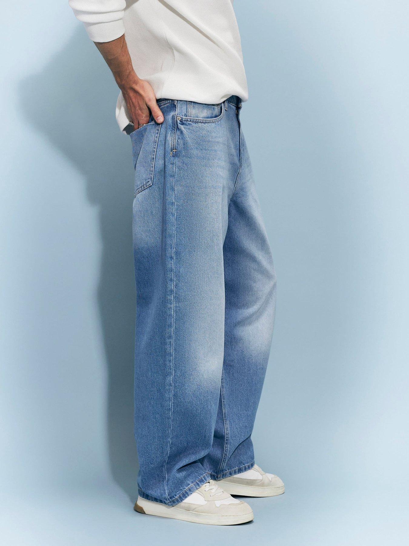River Island Baggy Fit Washed Jeans, Blue, Size 36, Inside Leg Regular, Men