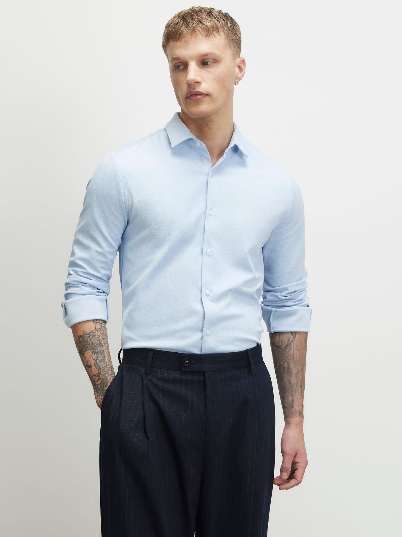 River Island Muscle Fit Pique Long Sleeve Shirt - Blue
