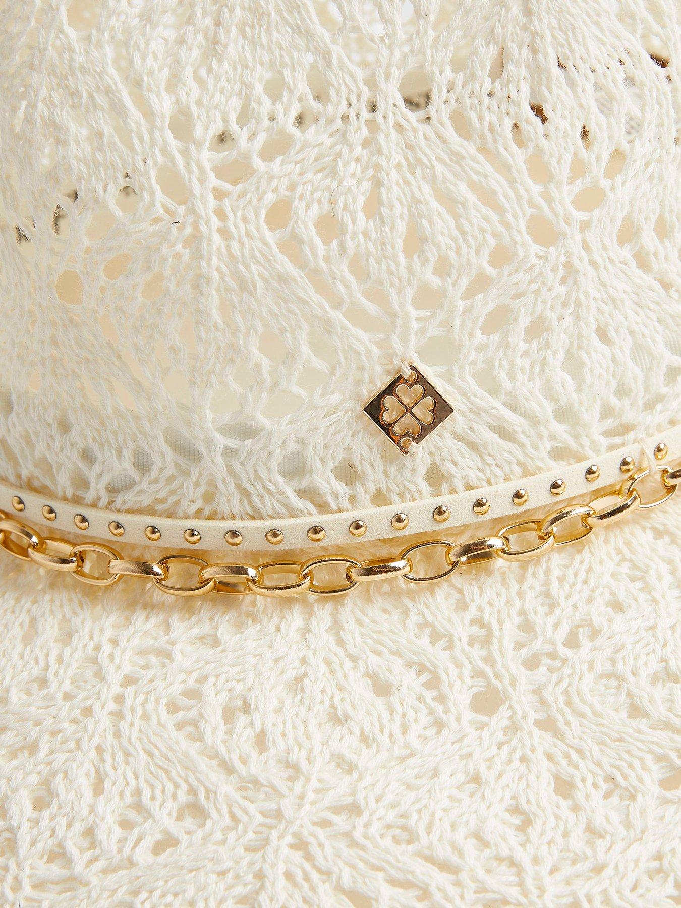 Image 4 of 4 of River Island Cut Out Studded Band Fedora Hat - Cream