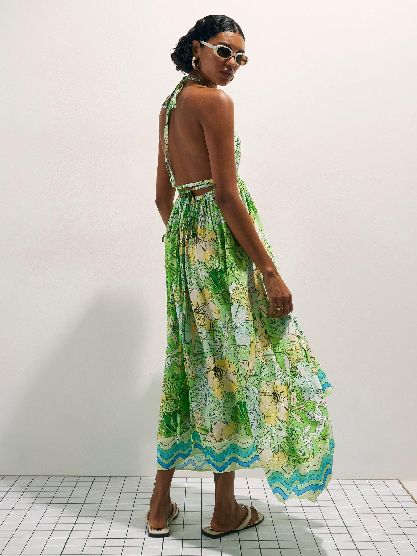 river island green floral dress Cotton Tropicana Plunge Maxi - Clarice