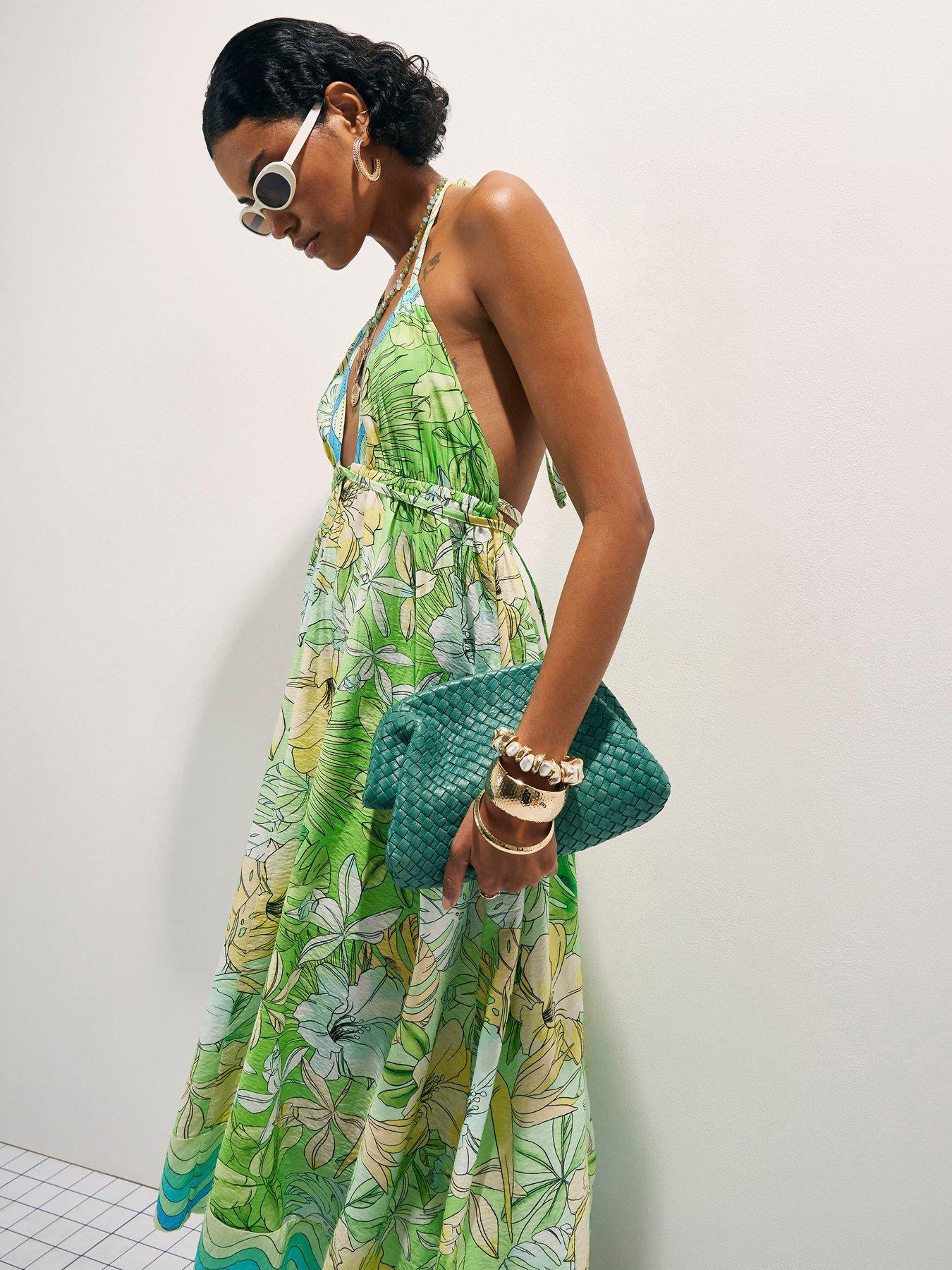 green floral dress river island Cotton Tropicana Plunge Maxi - Lime/Green