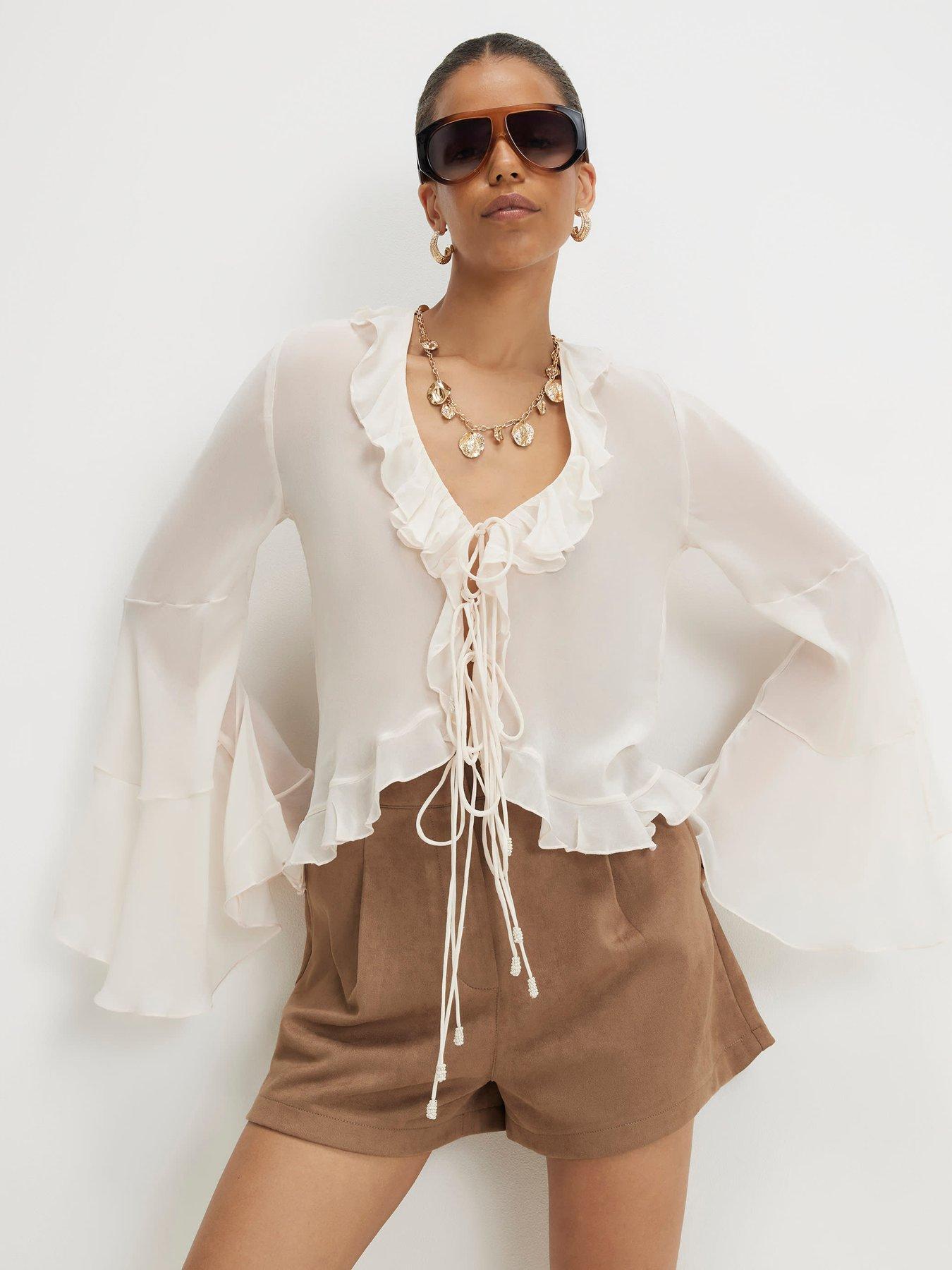 Image 1 of 4 of River Island Long Sleeve Ruffle Front Blouse - White