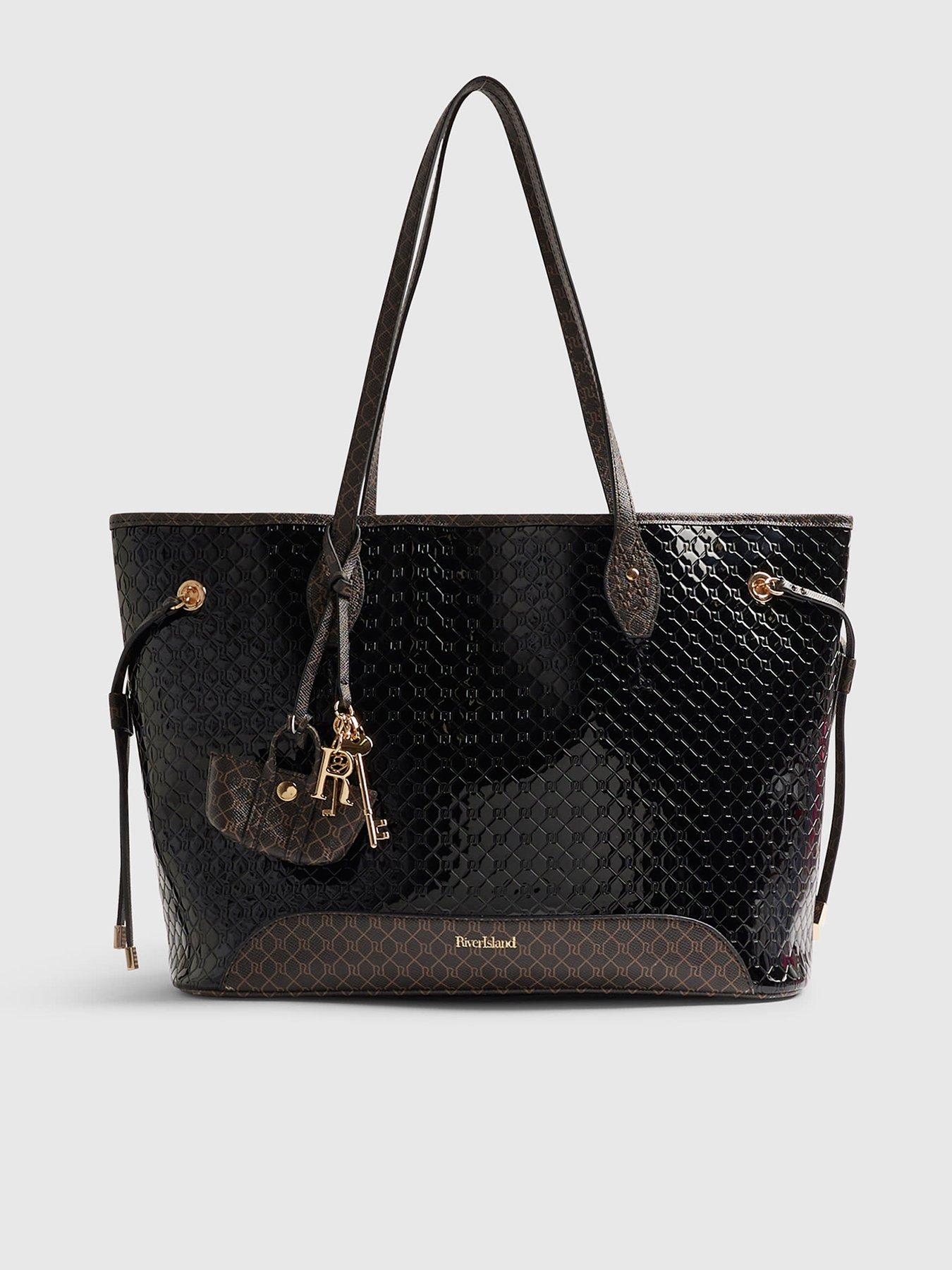 River Island Monogram Patent Side Tie Shopper Bag - Black