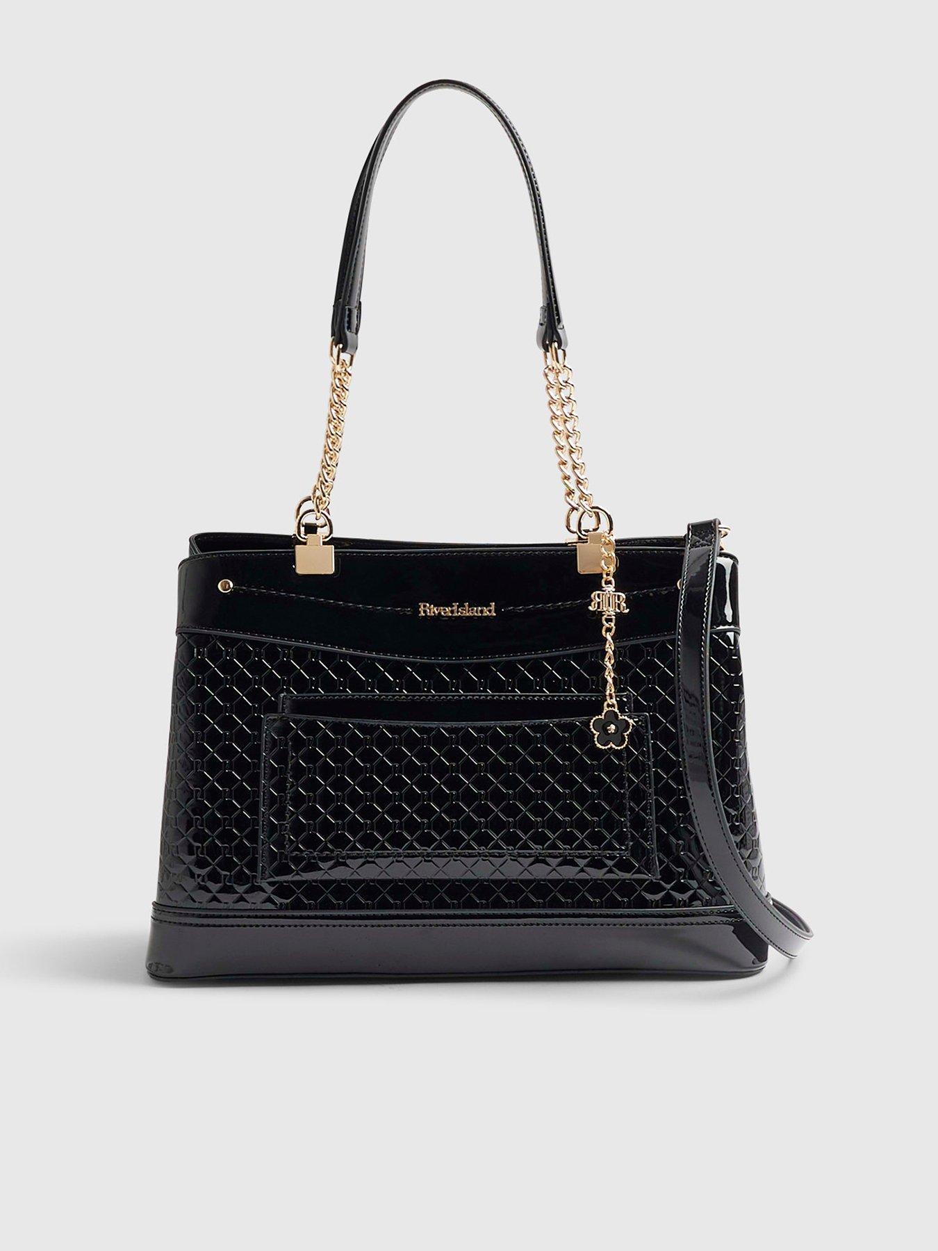 Image 1 of 4 of River Island Chain Handle Embossed Tote Bag - Black