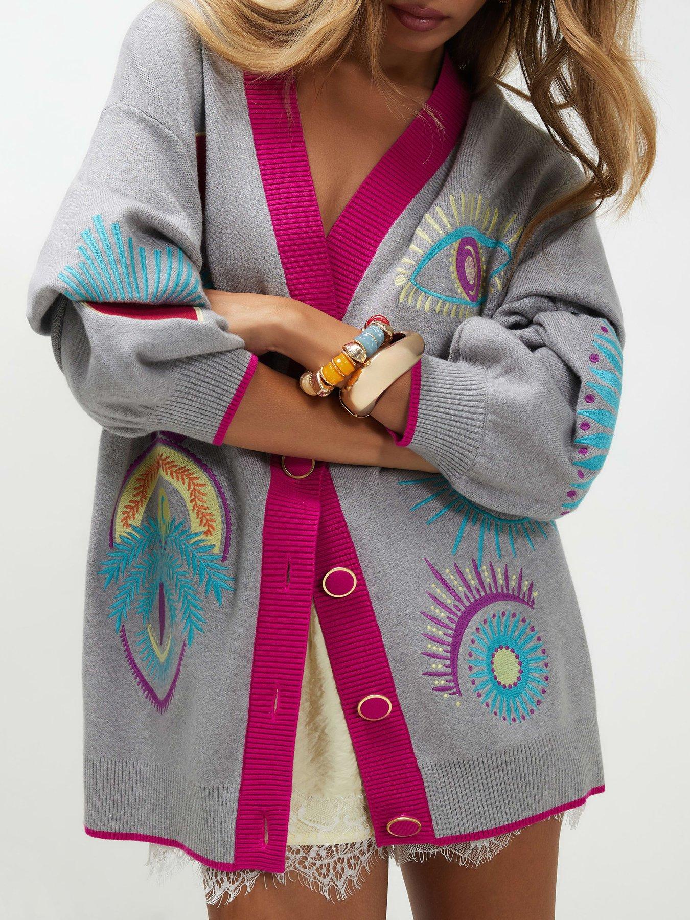 Image 1 of 4 of River Island Long Sleeve Embroidered Motif Cardigan - Grey