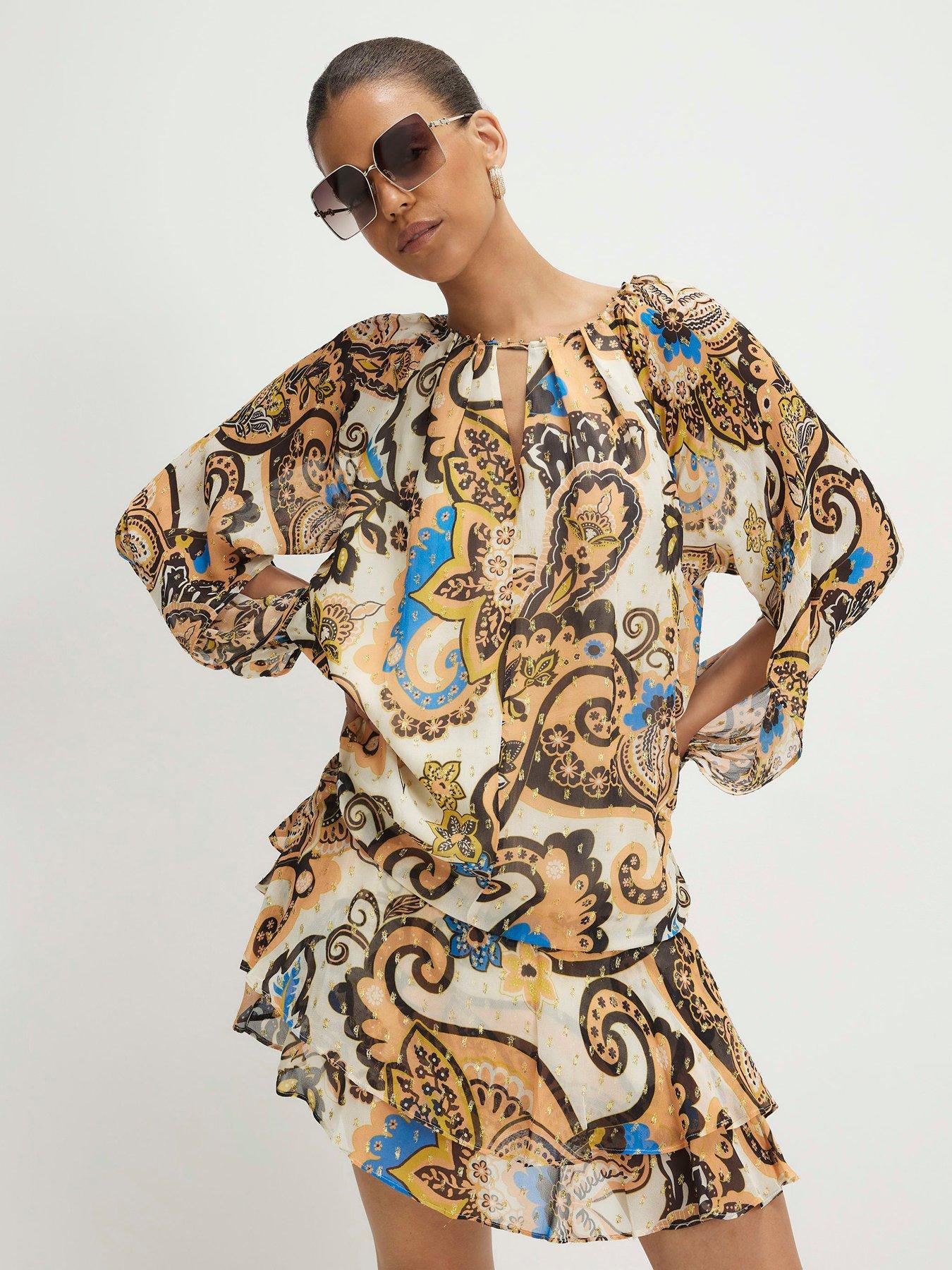 Image 1 of 4 of River Island Paisley Metallic Mini Dress - Cream