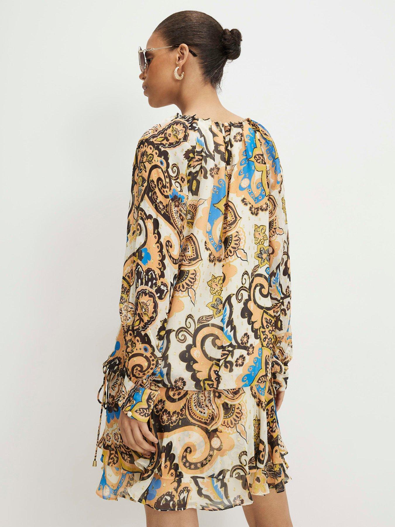 Image 2 of 4 of River Island Paisley Metallic Mini Dress - Cream