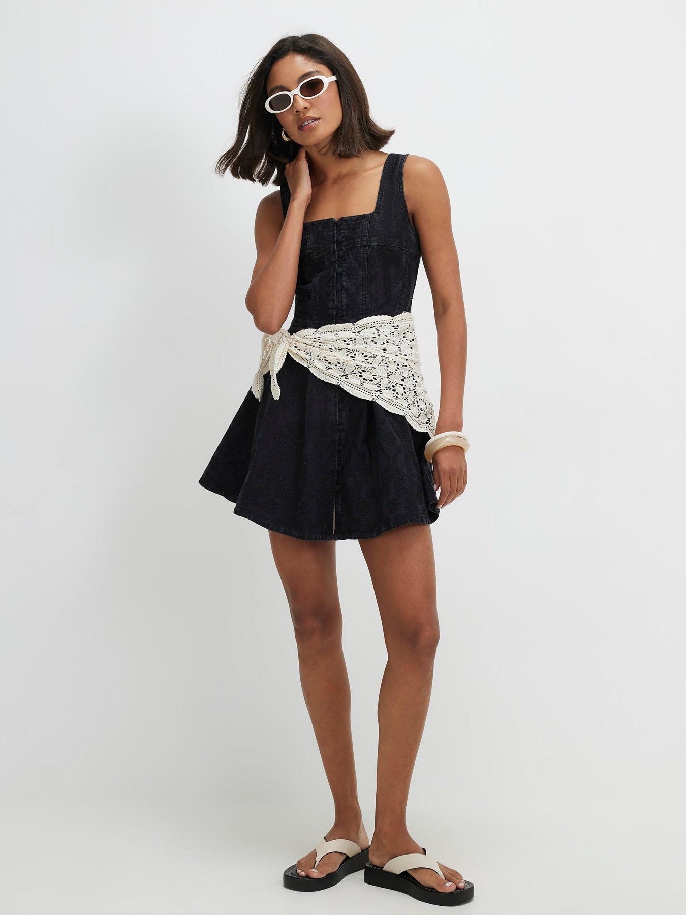 River Island Denim Embroidered Swing Dress - Black