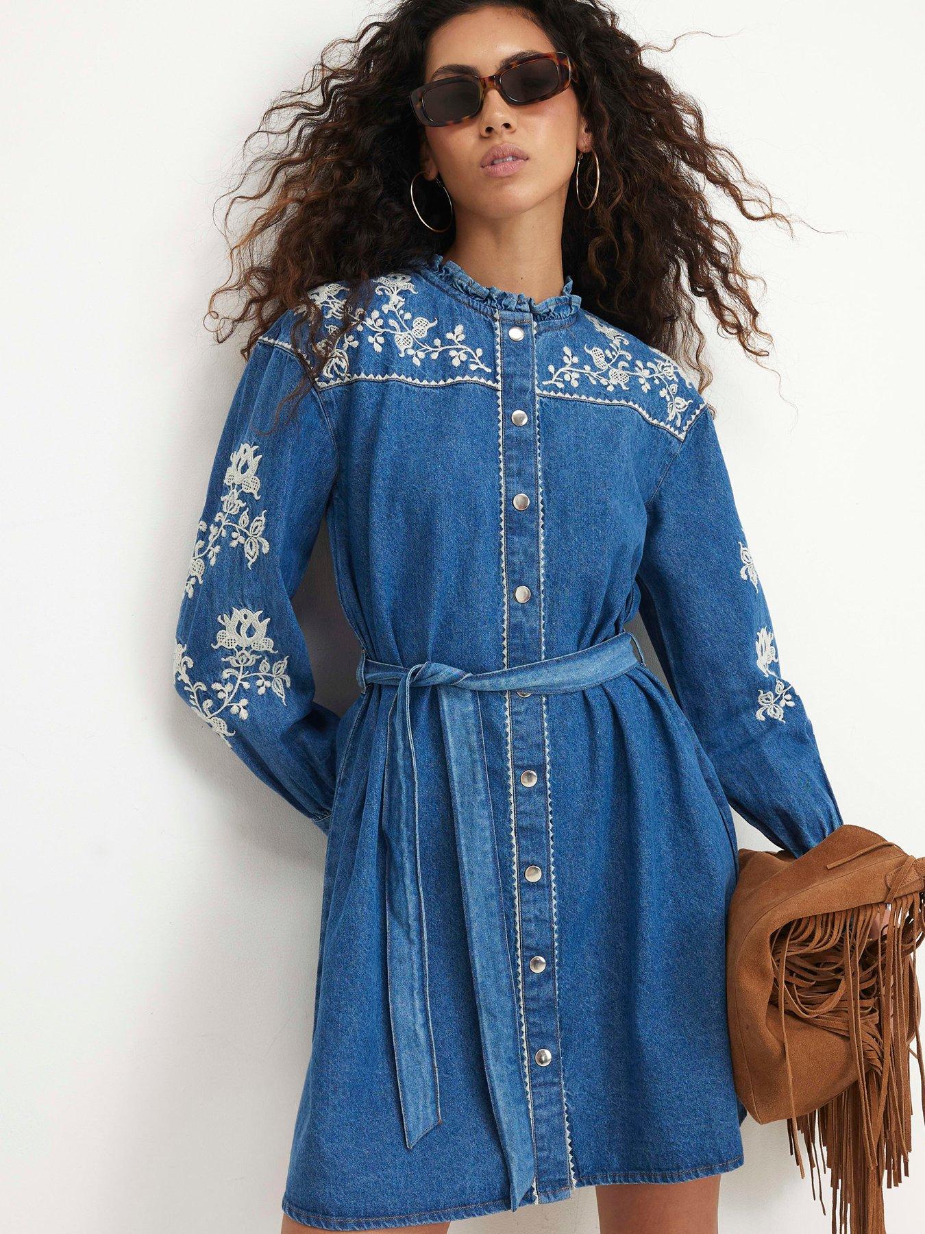 Image 1 of 4 of River Island Embroidered Denim Swing Belted Dress - Blue