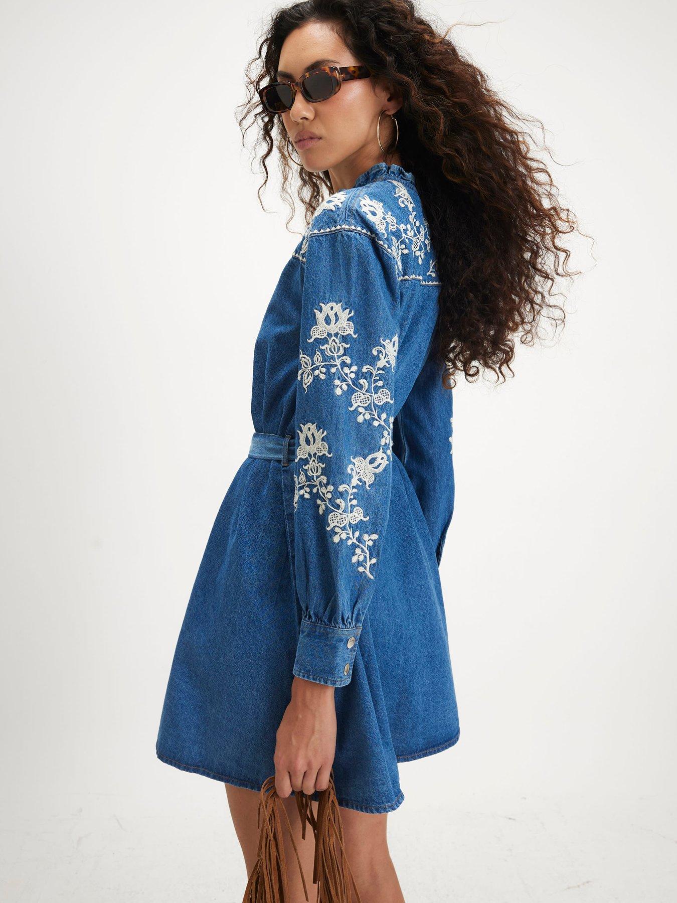 Image 2 of 4 of River Island Embroidered Denim Swing Belted Dress - Blue