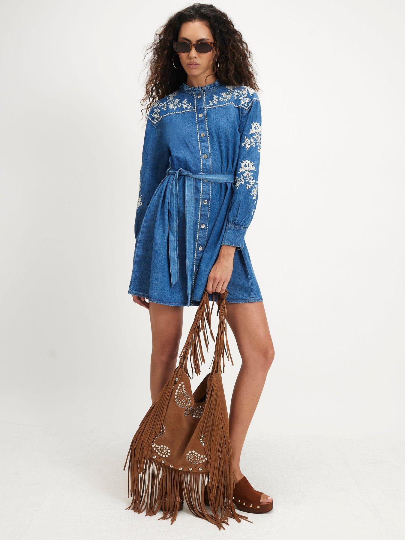 Image 3 of 4 of River Island Embroidered Denim Swing Belted Dress - Blue