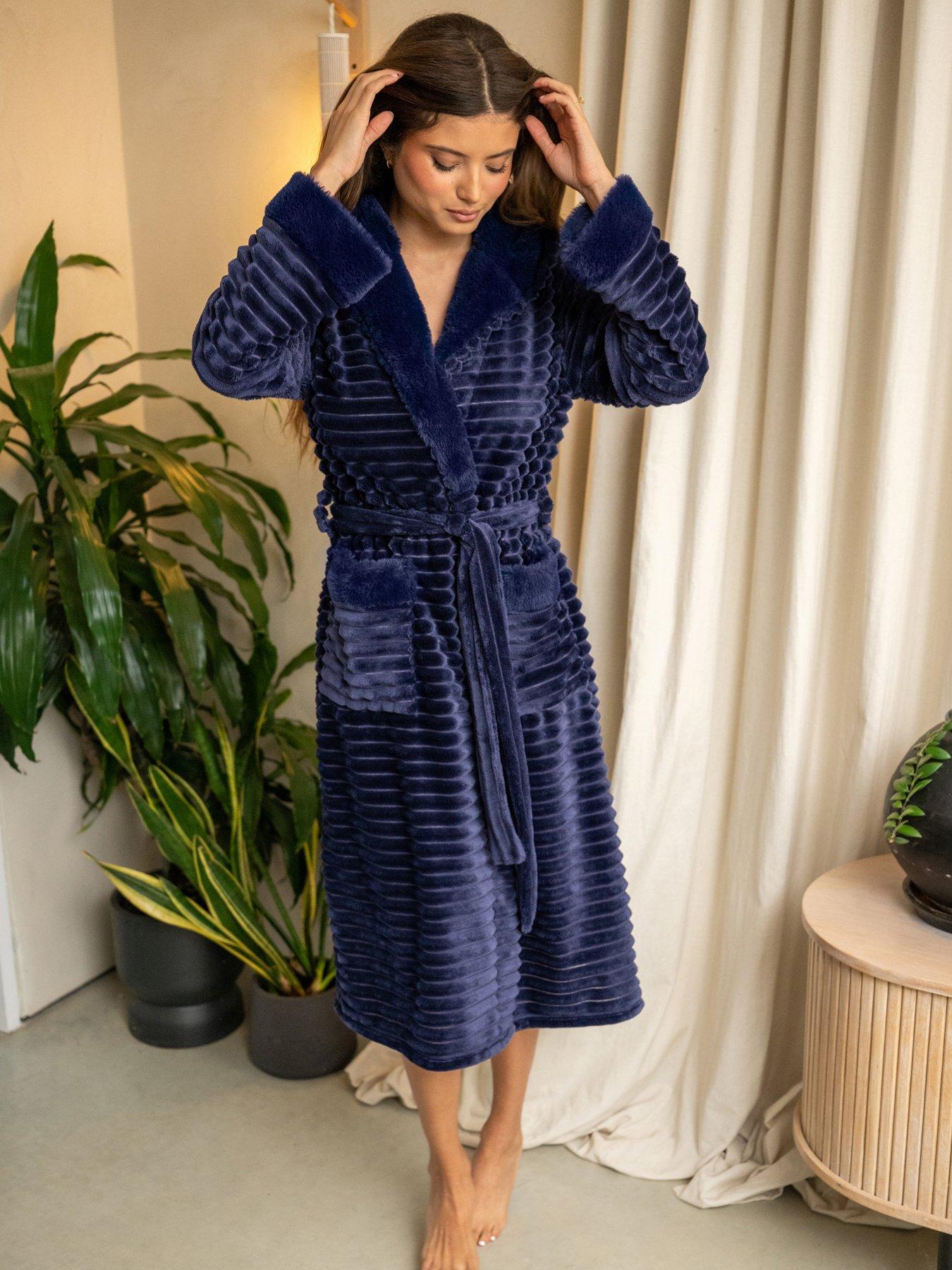 Image 1 of 4 of Pour Moi Cosy Ribbed Fleece Midi Hooded Dressing Gown