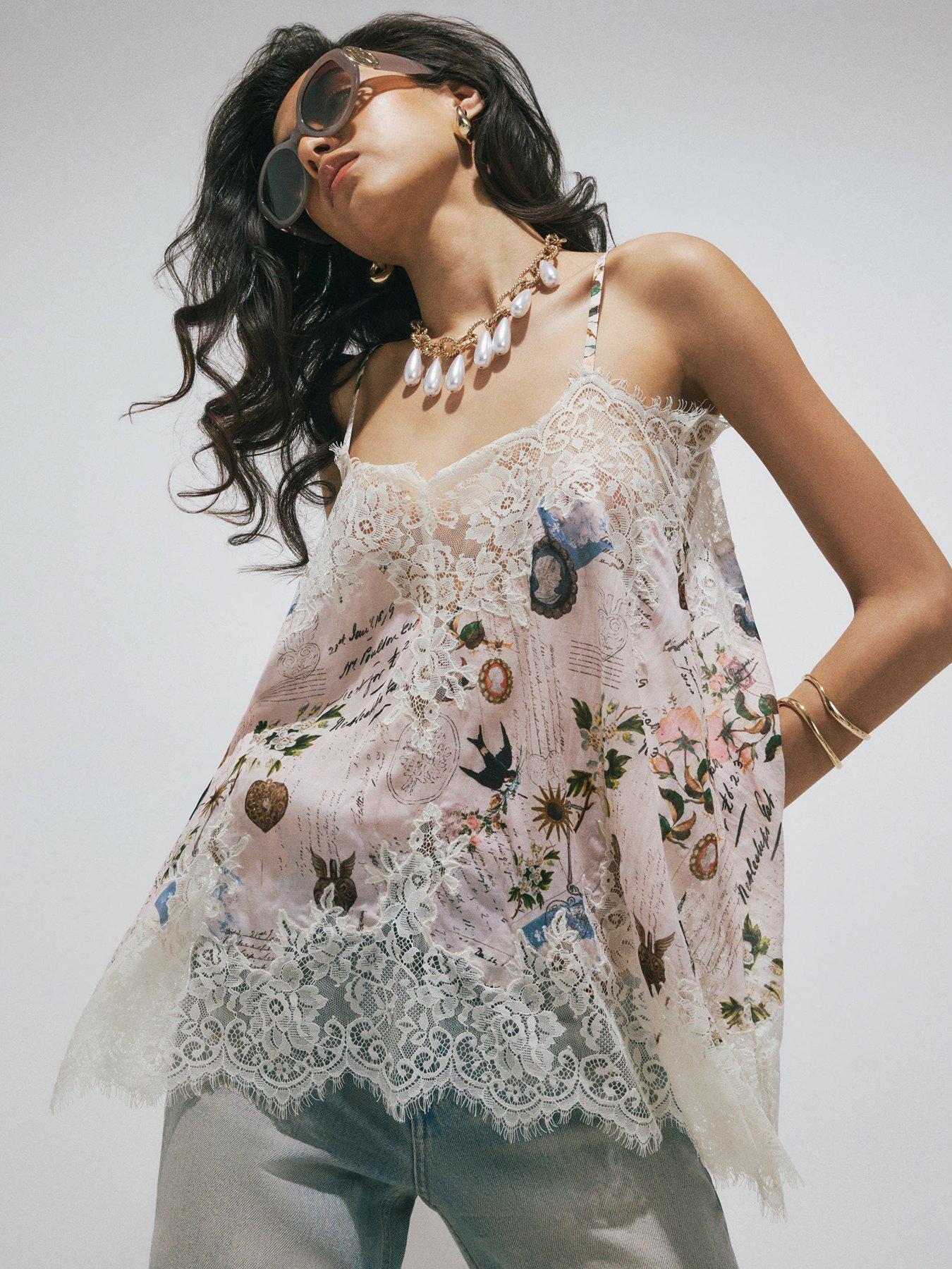 Image 1 of 4 of River Island Script Print Lace Cami Top