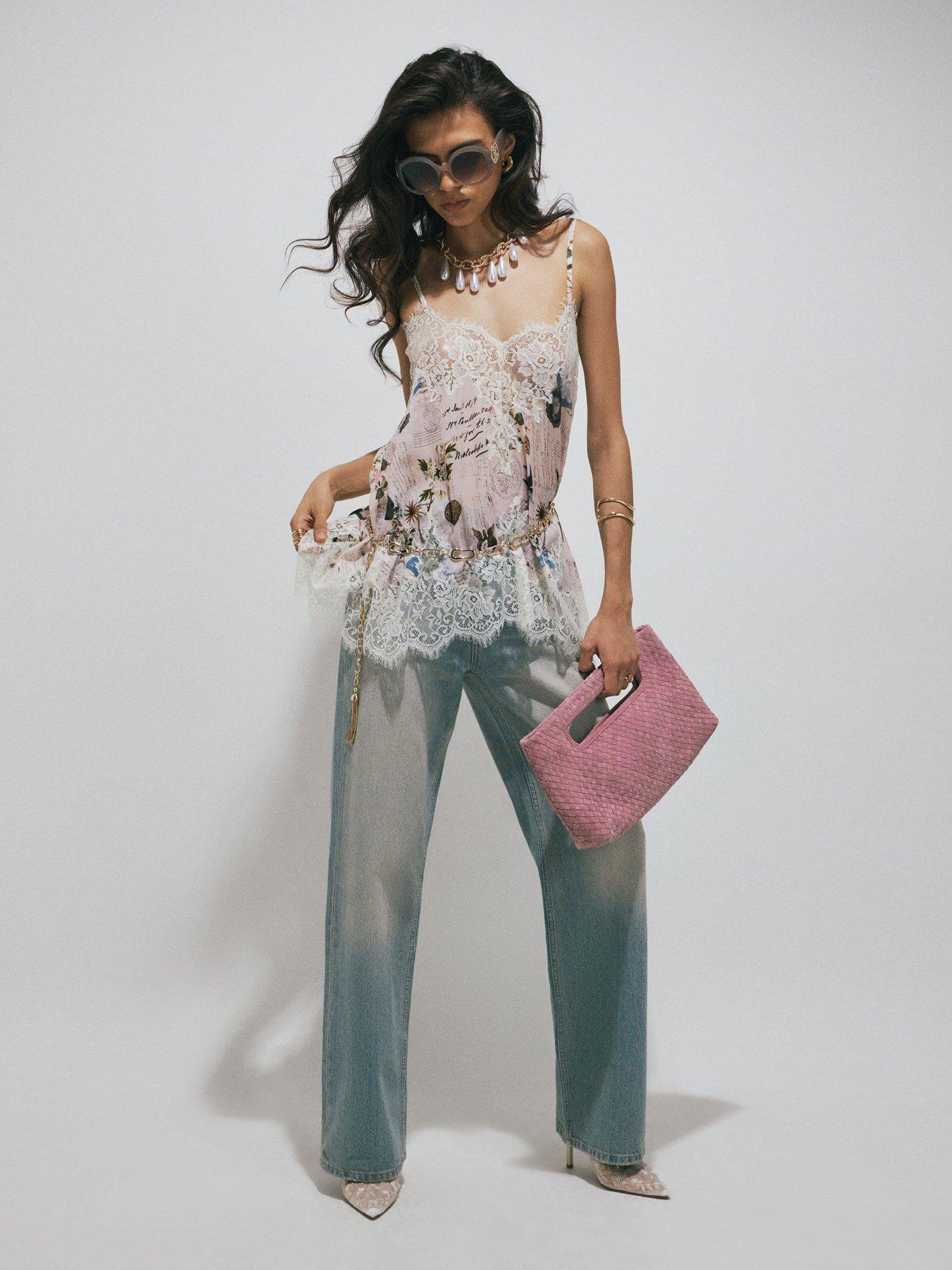 Image 3 of 4 of River Island Script Print Lace Cami Top