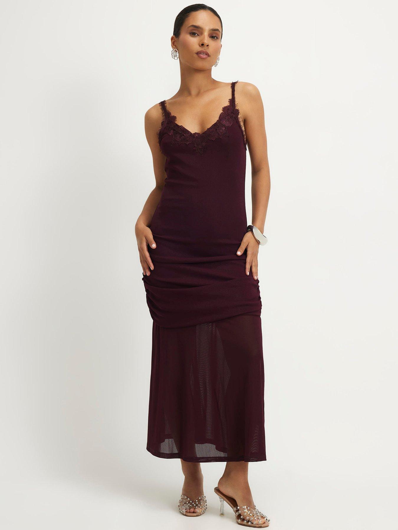 Image 1 of 4 of River Island Petite Red Lace Trim Drape Midi Dress