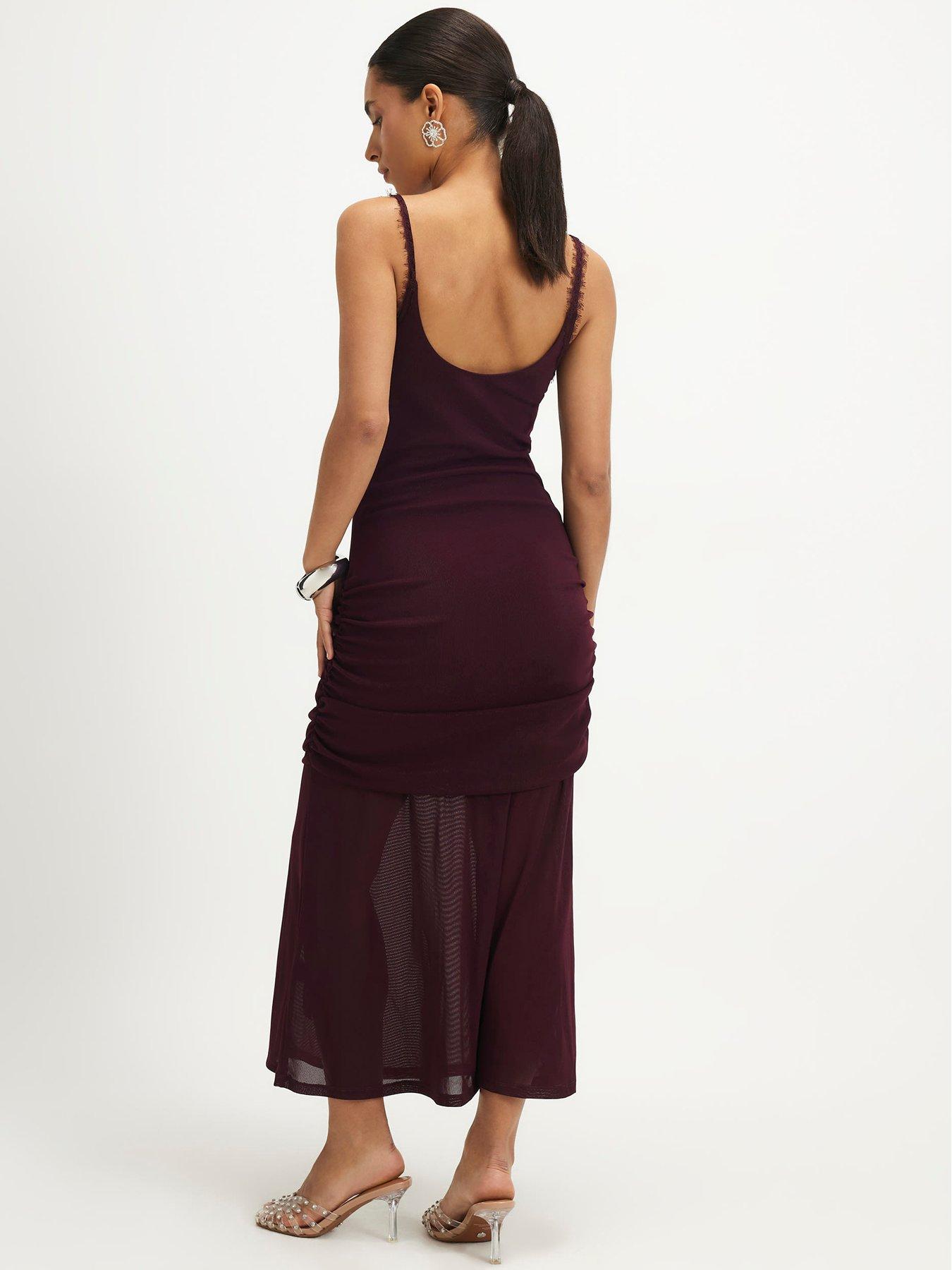 Image 2 of 4 of River Island Petite Red Lace Trim Drape Midi Dress