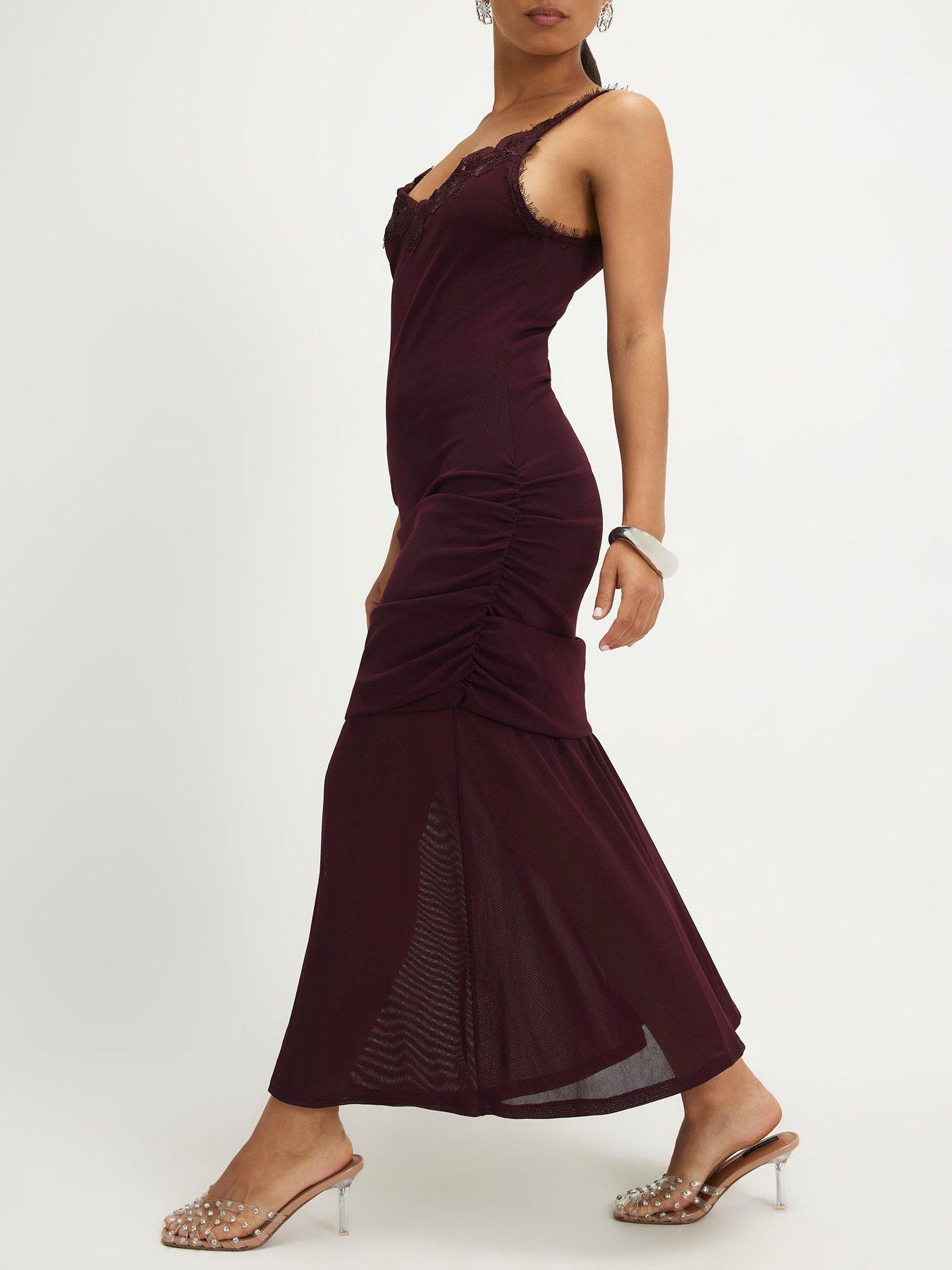 Image 3 of 4 of River Island Petite Red Lace Trim Drape Midi Dress