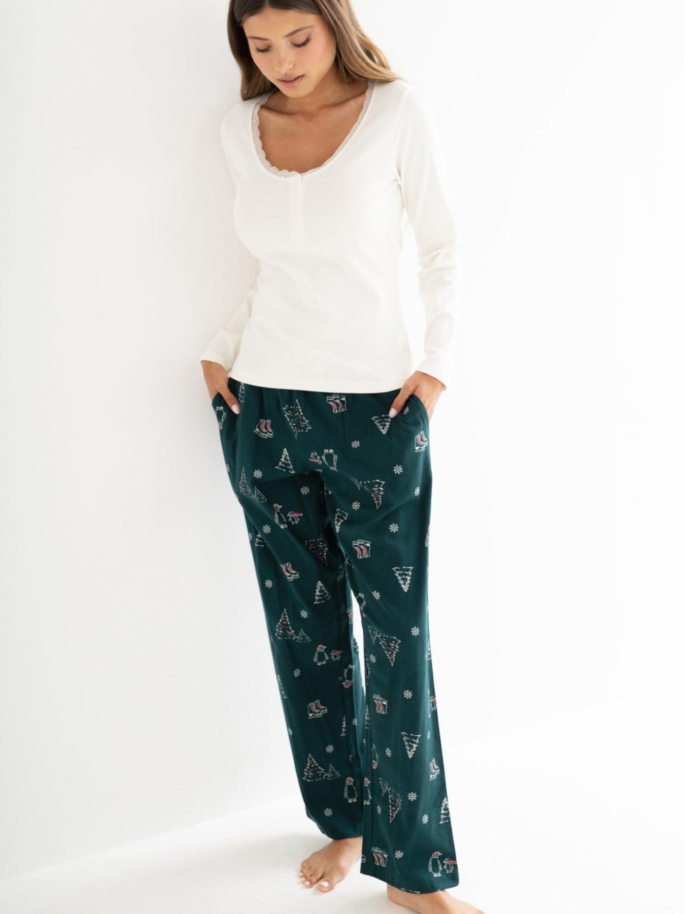 Image 1 of 4 of Pour Moi Rib Jersey Lace Trim Henley Top and Trouser Pyjama Set