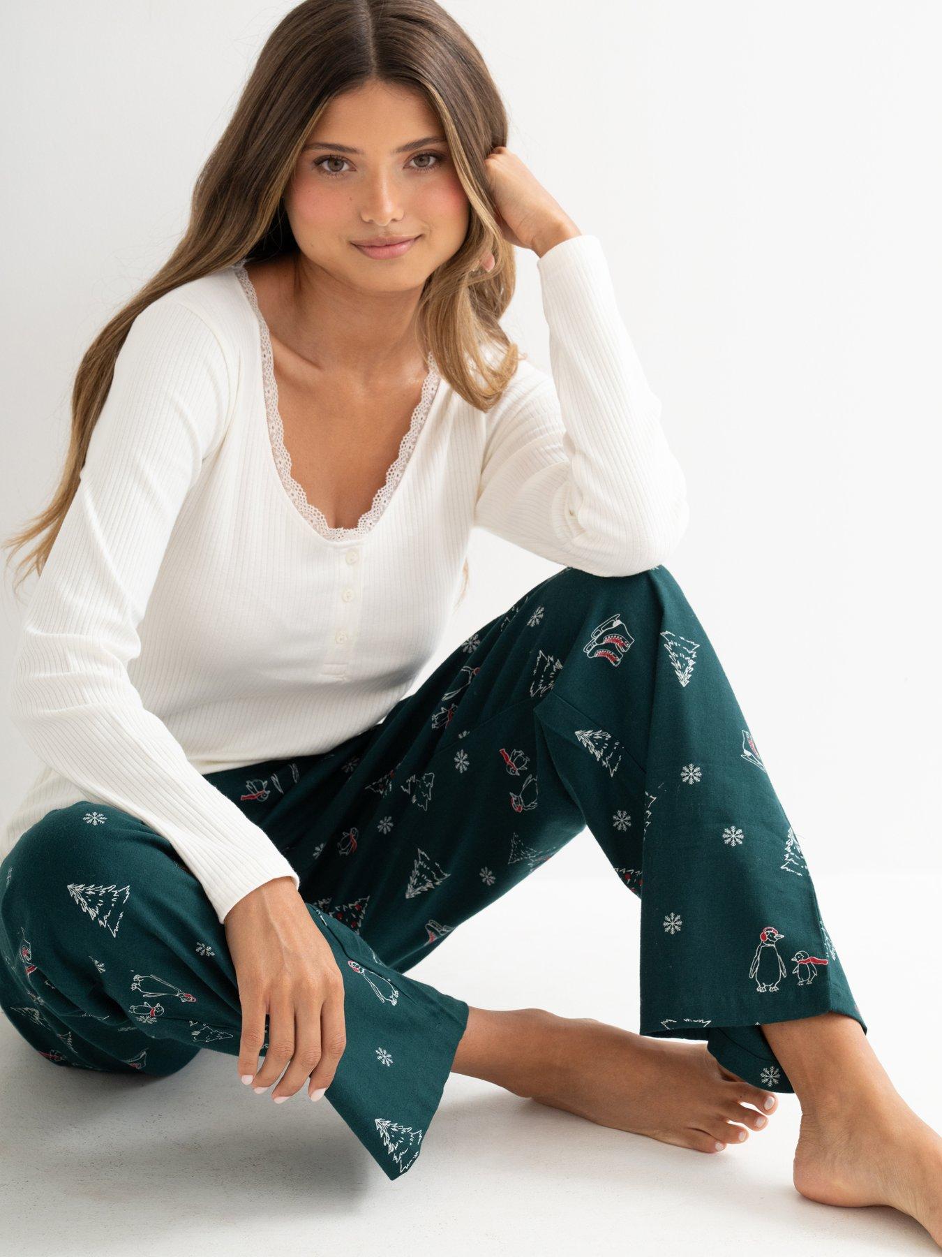 Image 2 of 4 of Pour Moi Rib Jersey Lace Trim Henley Top and Trouser Pyjama Set