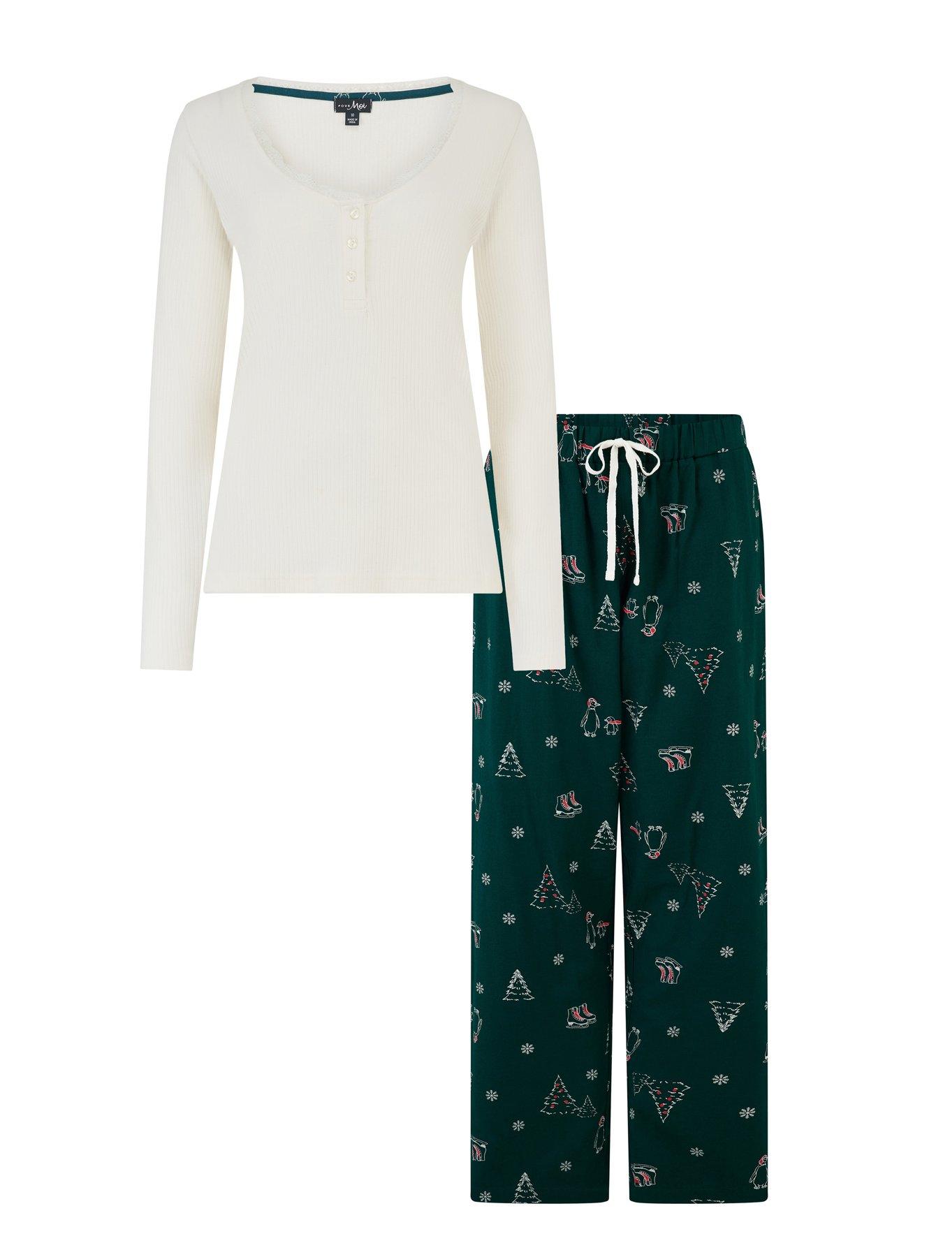 Image 4 of 4 of Pour Moi Rib Jersey Lace Trim Henley Top and Trouser Pyjama Set