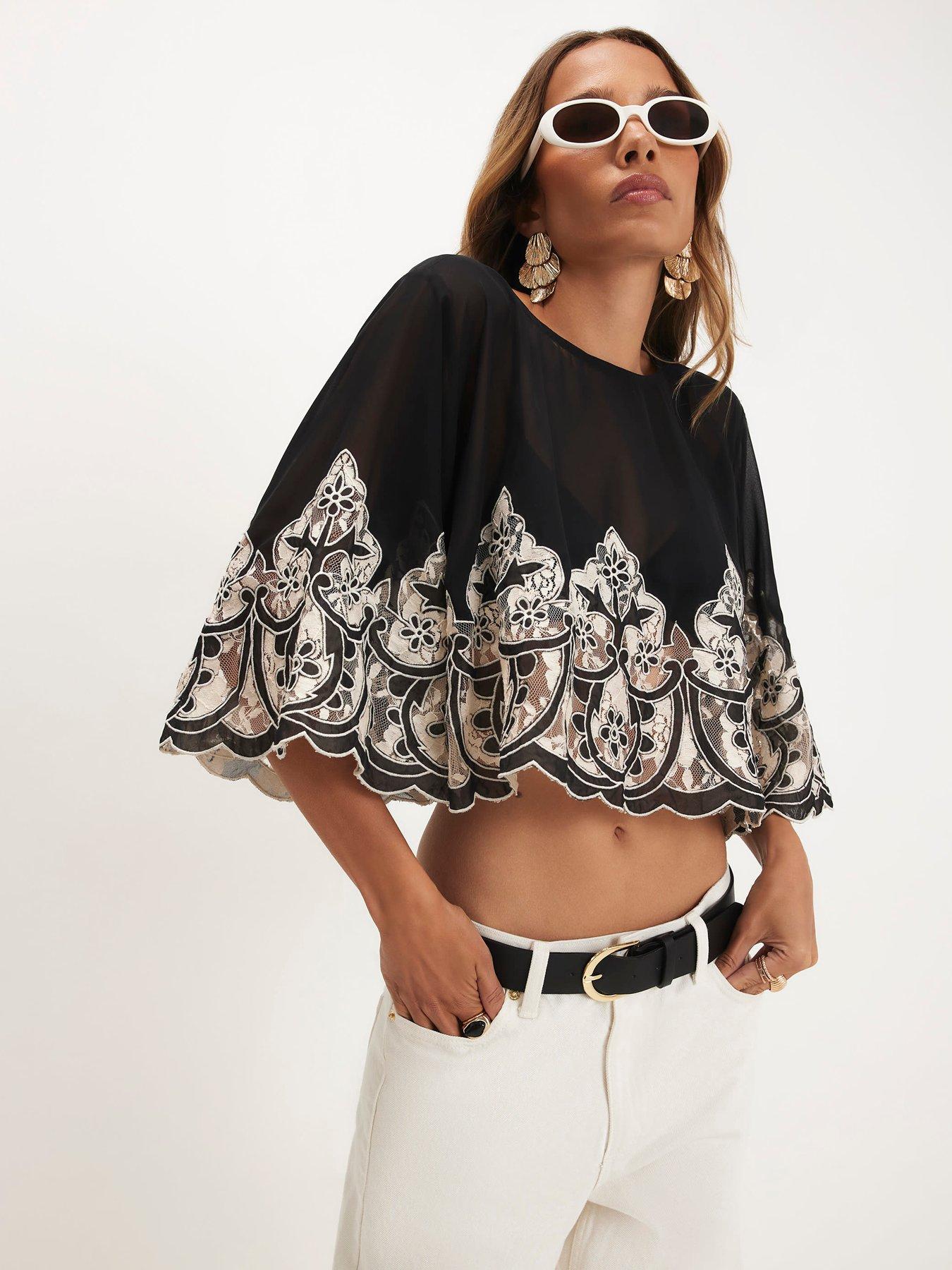 Image 1 of 4 of River Island Cutwork Lace Cape Top - Black